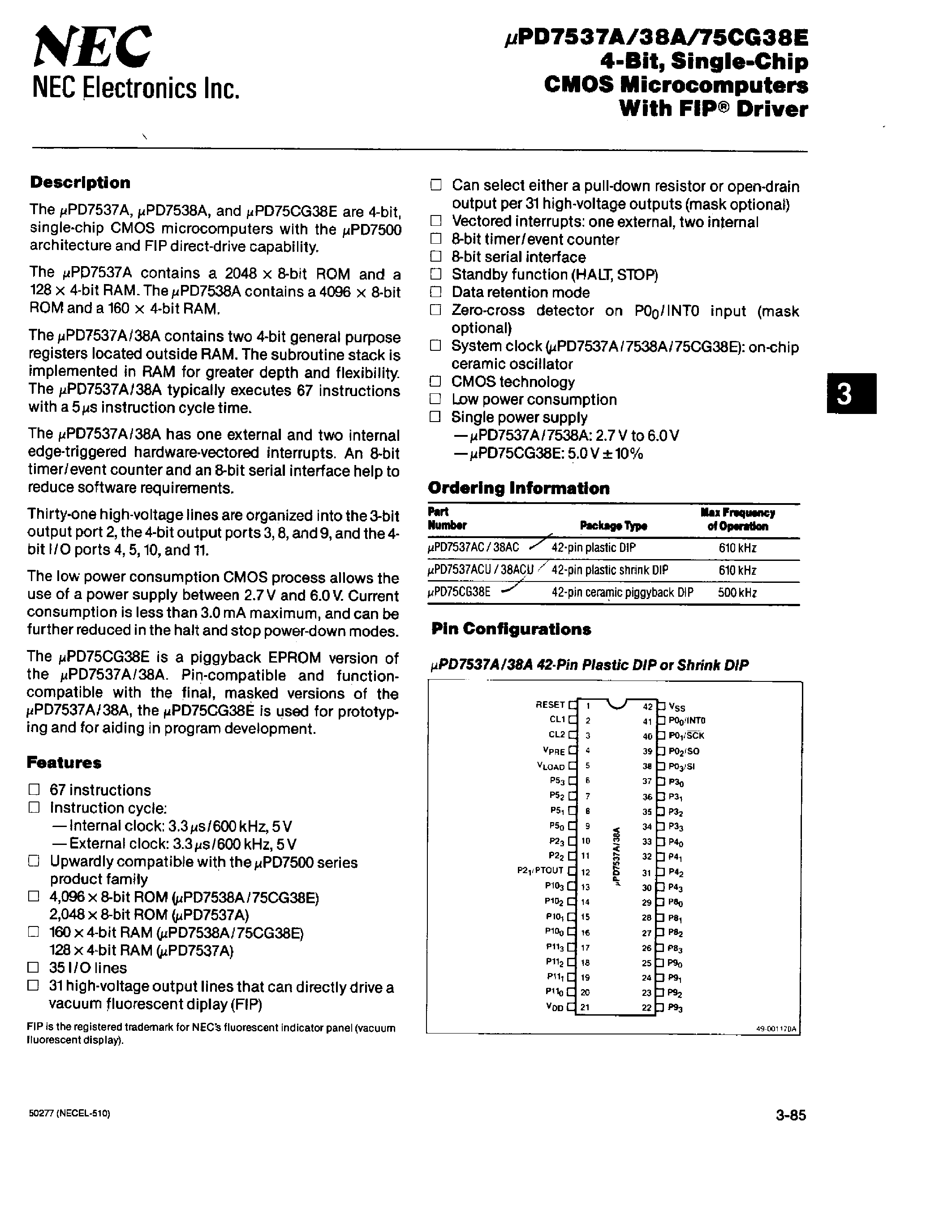 Datasheet UPD7537A - 4 BIT SINGLE CHIP CMOS MICROCOMPUTERS WITH FIP DRIVER page 1