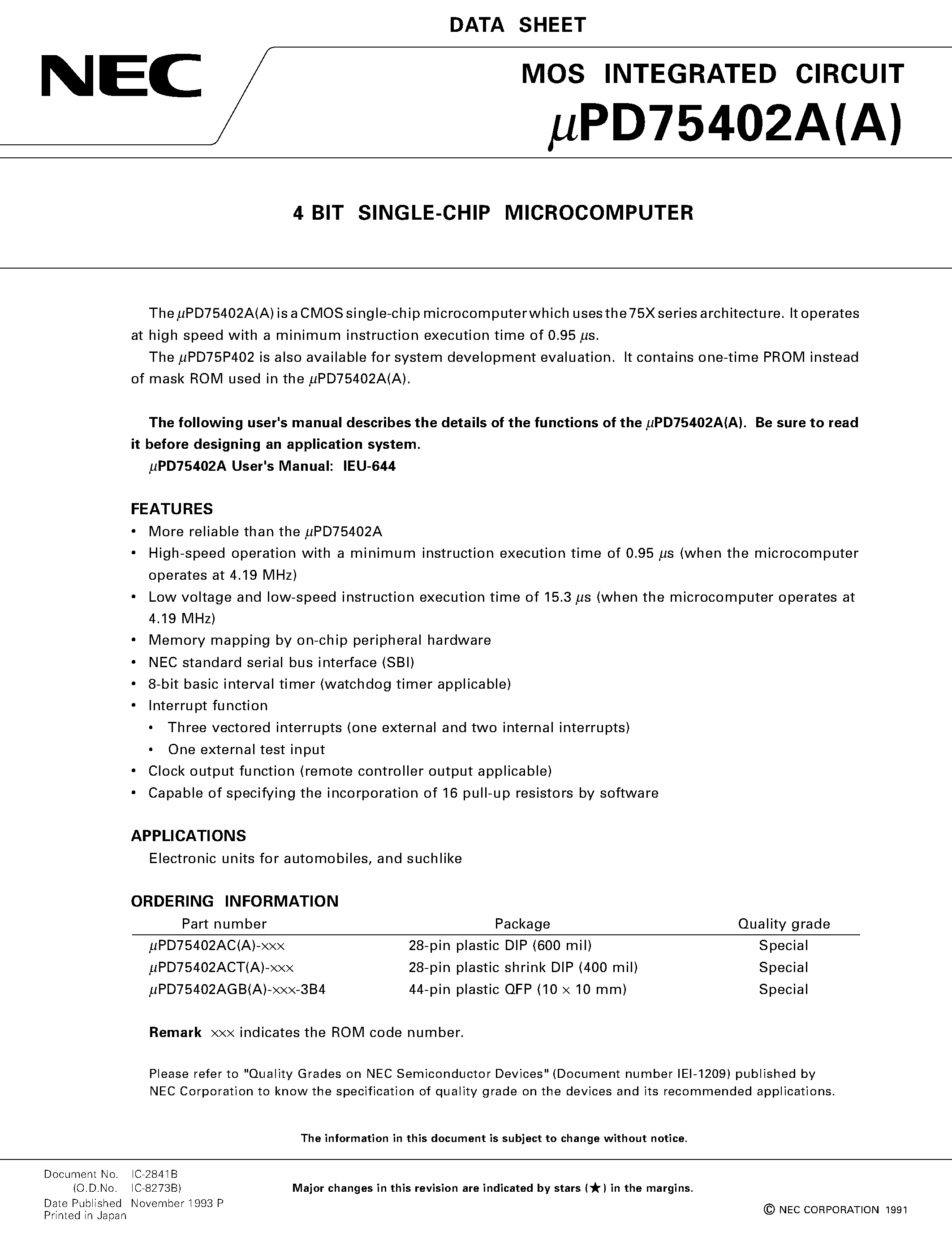 Datasheet UPD75402 - 4 BIT SINGLE-CHIP MICROCOMPUTER page 1