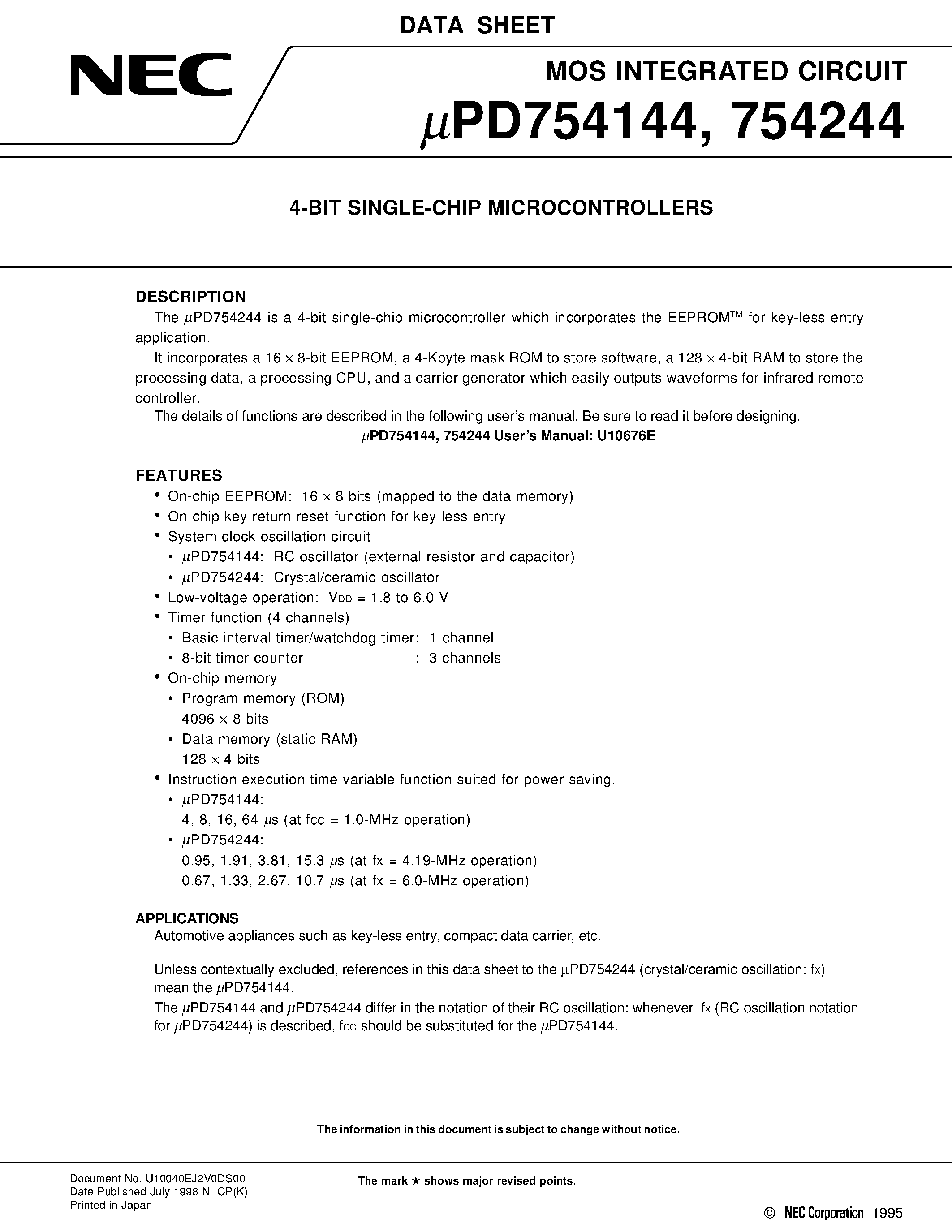 Datasheet UPD754144 - 4-BIT SINGLE-CHIP MICROCONTROLLERS page 1