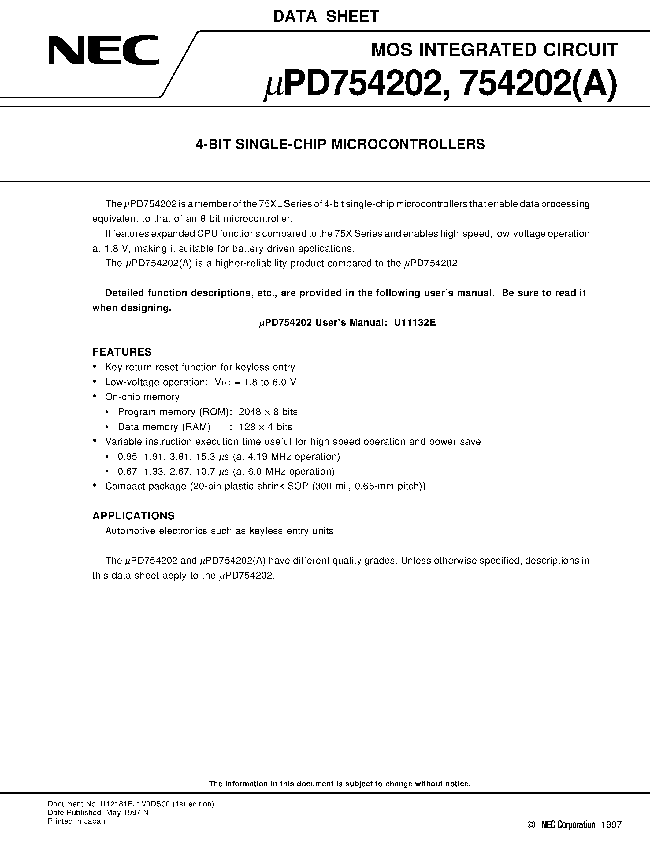 Datasheet UPD754202 - 4-BIT SINGLE-CHIP MICROCONTROLLERS page 1