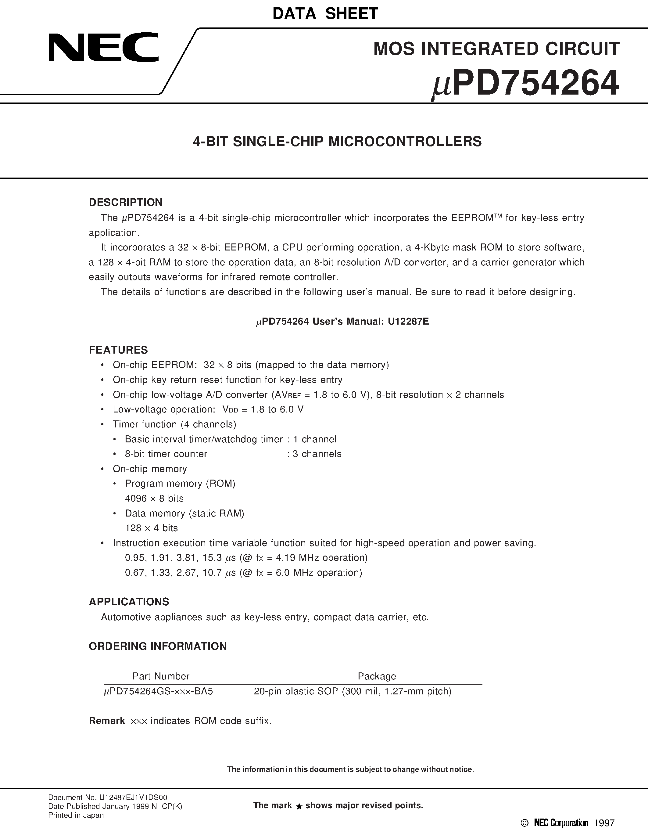 Datasheet UPD754264 - 4-BIT SINGLE-CHIP MICROCONTROLLERS page 1