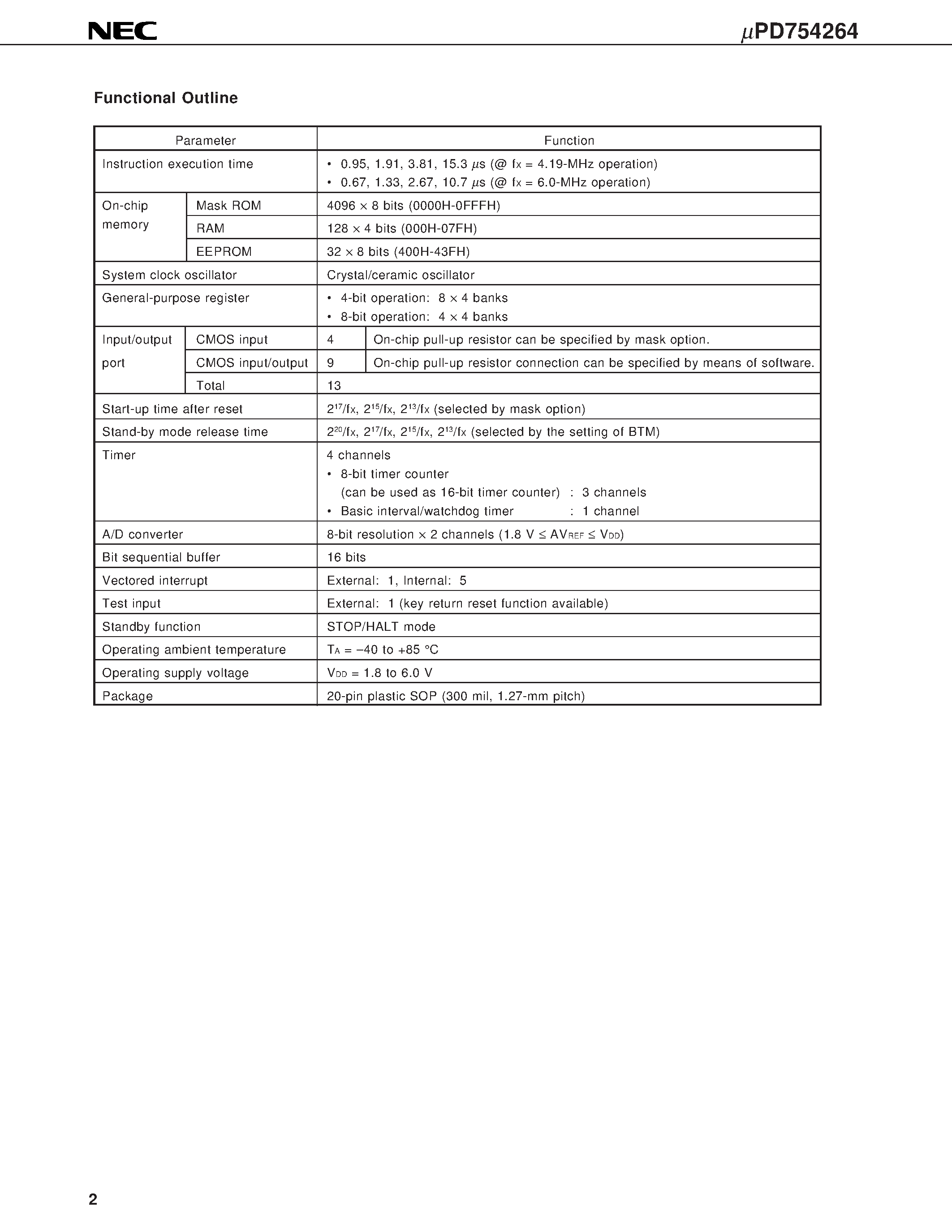 Datasheet UPD754264 - 4-BIT SINGLE-CHIP MICROCONTROLLERS page 2