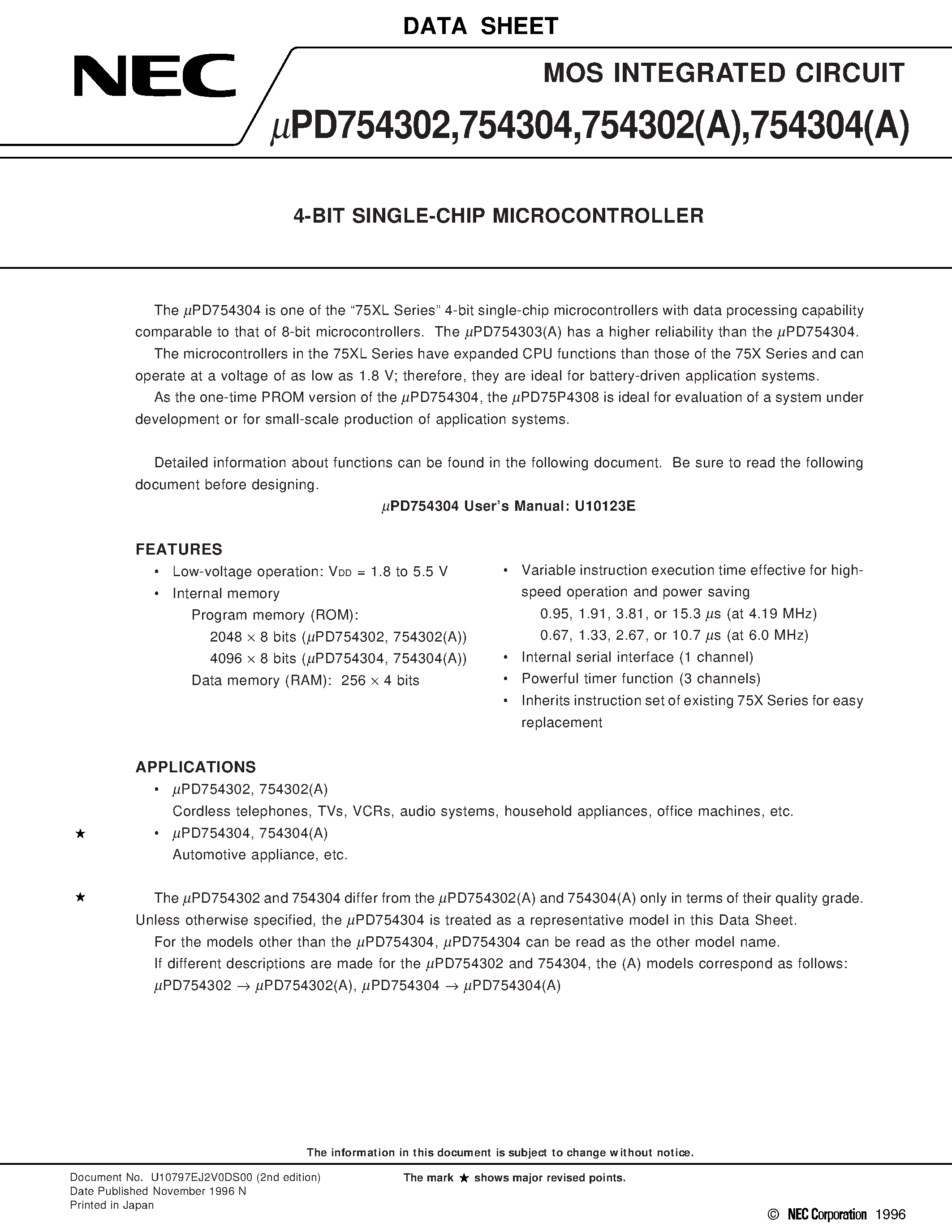 Datasheet UPD754302 - 4-BIT SINGLE-CHIP MICROCONTROLLER page 1