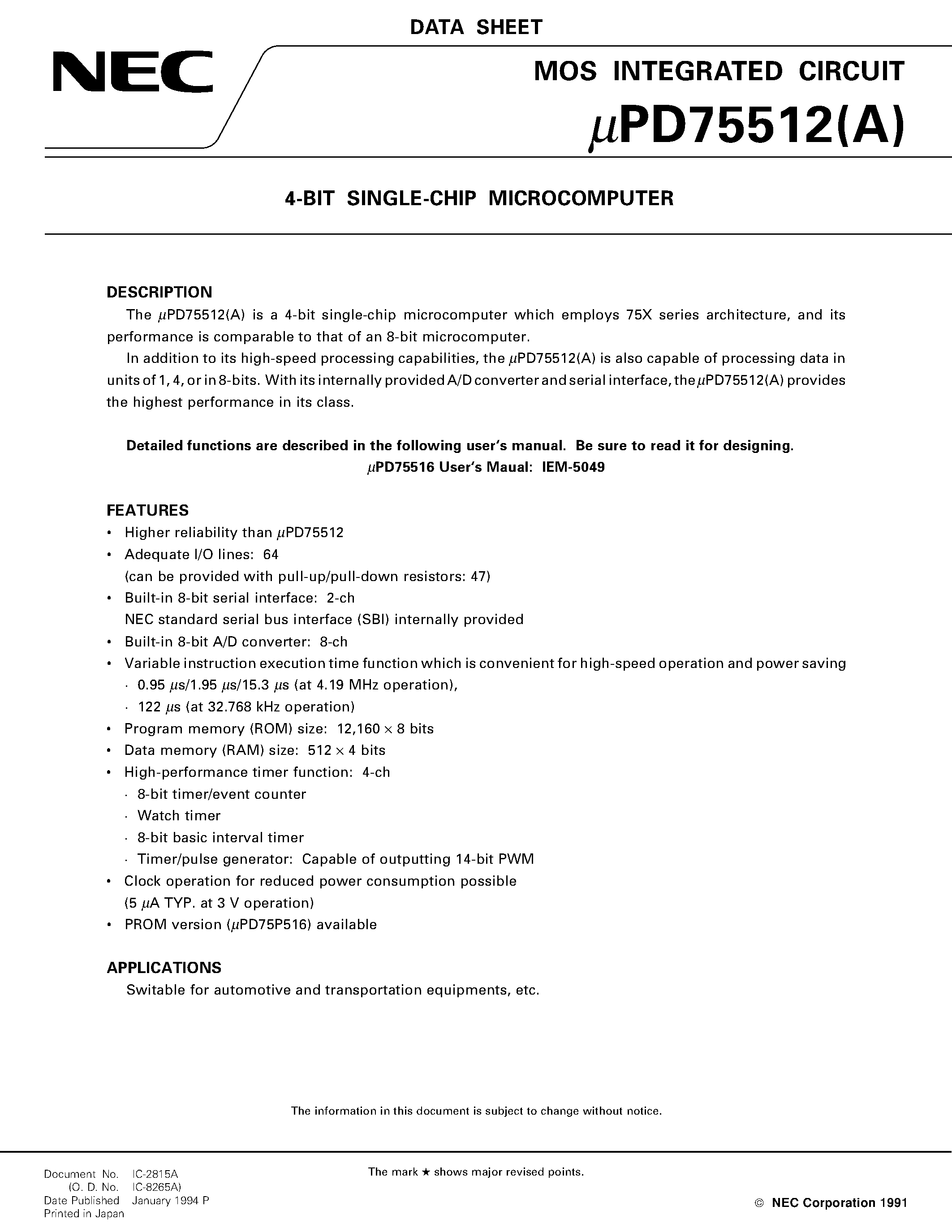 Datasheet UPD75512 - 4-BIT SINGLE-CHIP MICROCOMPUTER page 1