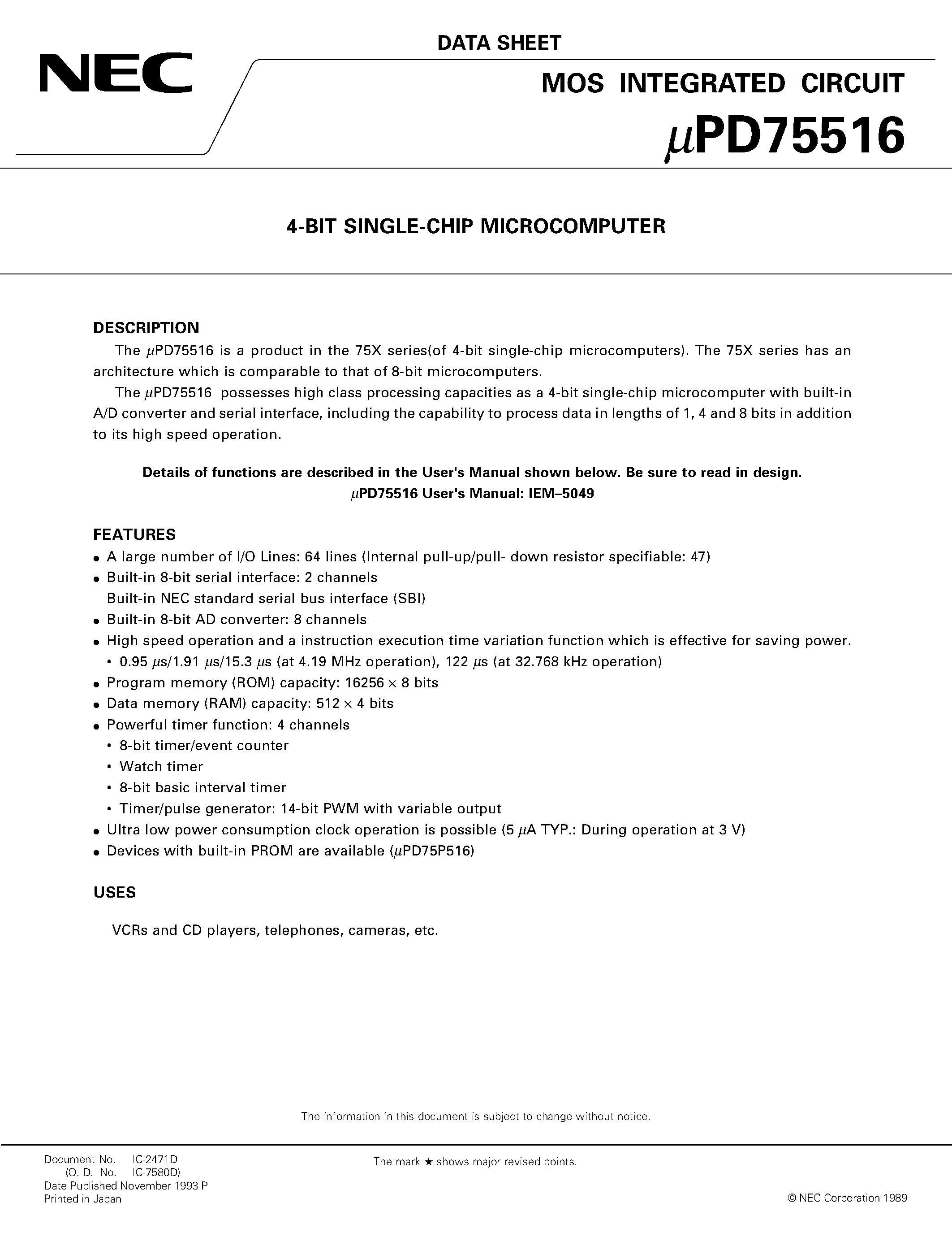 Datasheet UPD75516 - 4-BIT SINGLE-CHIP MICROCOMPUTER page 1