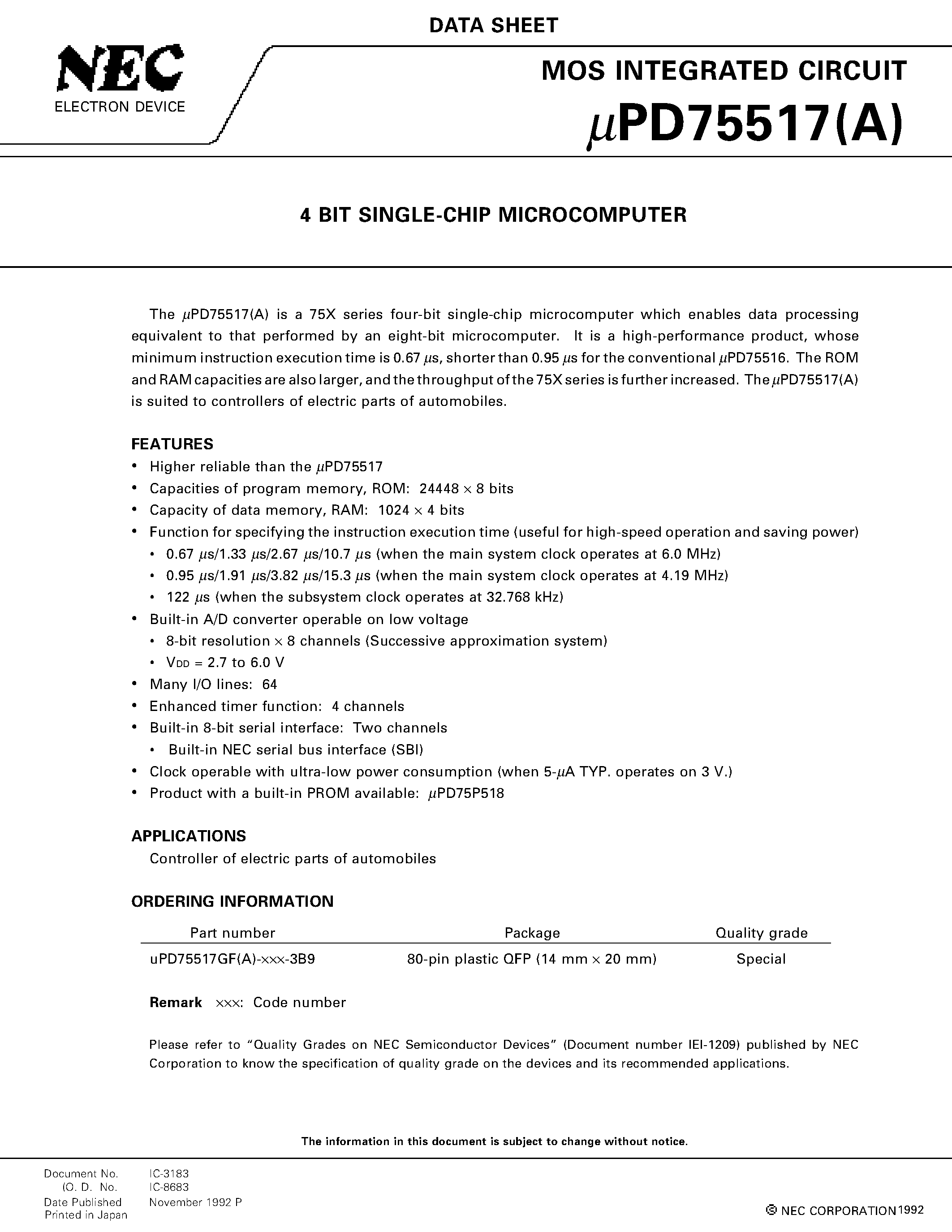 Datasheet UPD75517 - 4 BIT SINGLE-CHIP MICROCOMPUTER page 1