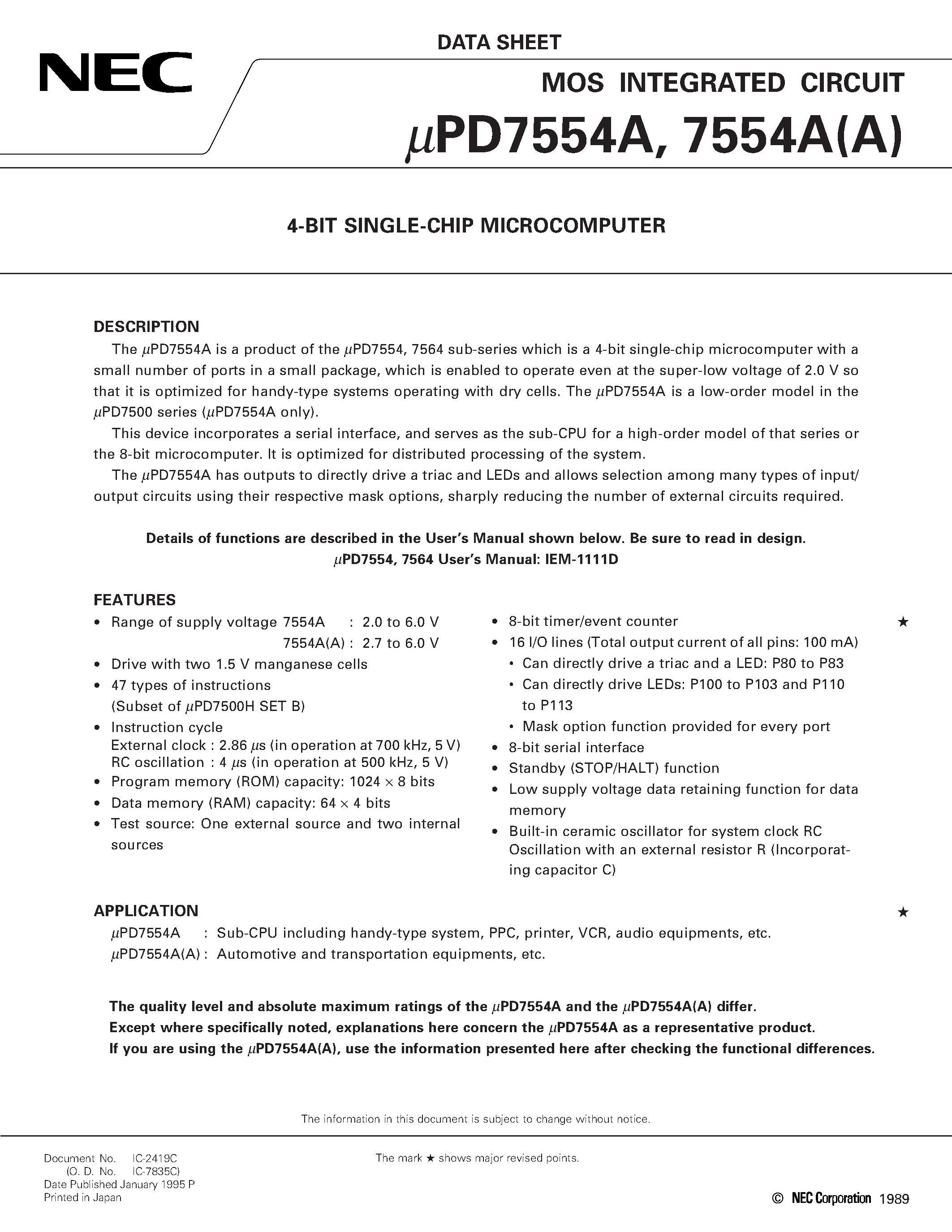 Datasheet UPD7554 - 4-BIT SINGLE-CHIP MICROCOMPUTER page 1