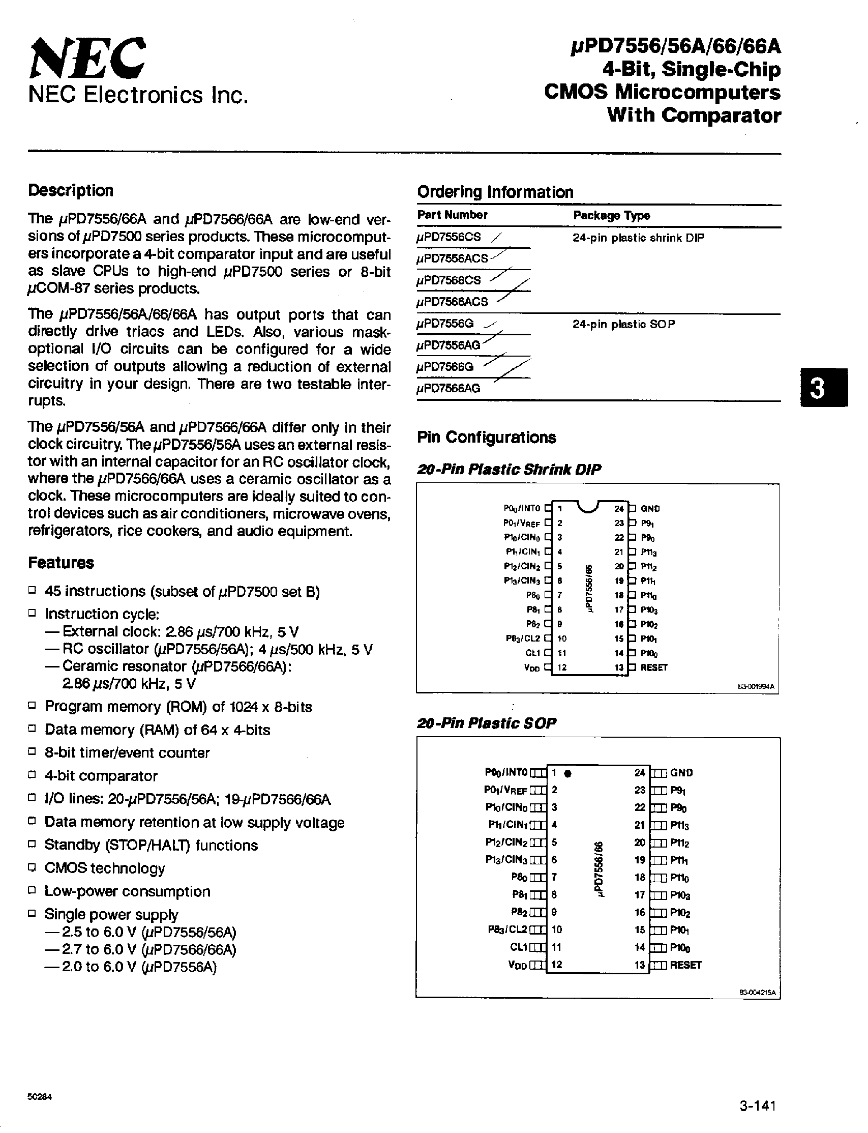 Datasheet UPD7556 - 4-BIT/ SINGLE-CHIP CMOS MICROCOMPUTERS WITH COMPARATOR page 1