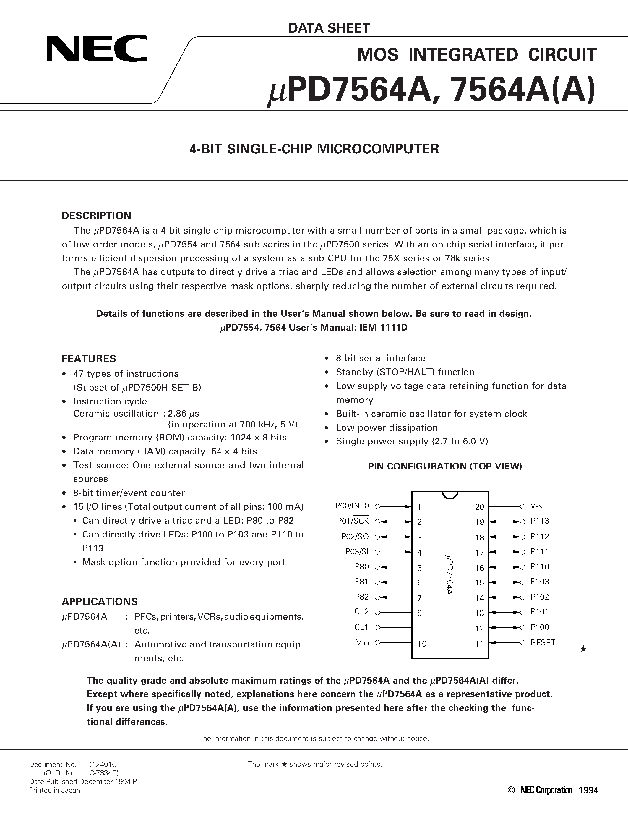 Datasheet UPD7564 - 4-BIT SINGLE-CHIP MICROCOMPUTER page 1