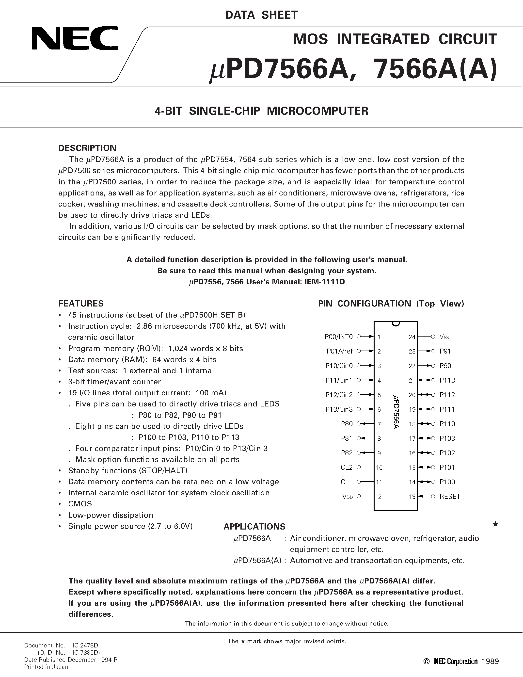 Datasheet UPD7566A - 4-BIT SINGLE-CHIP MICROCOMPUTER page 1