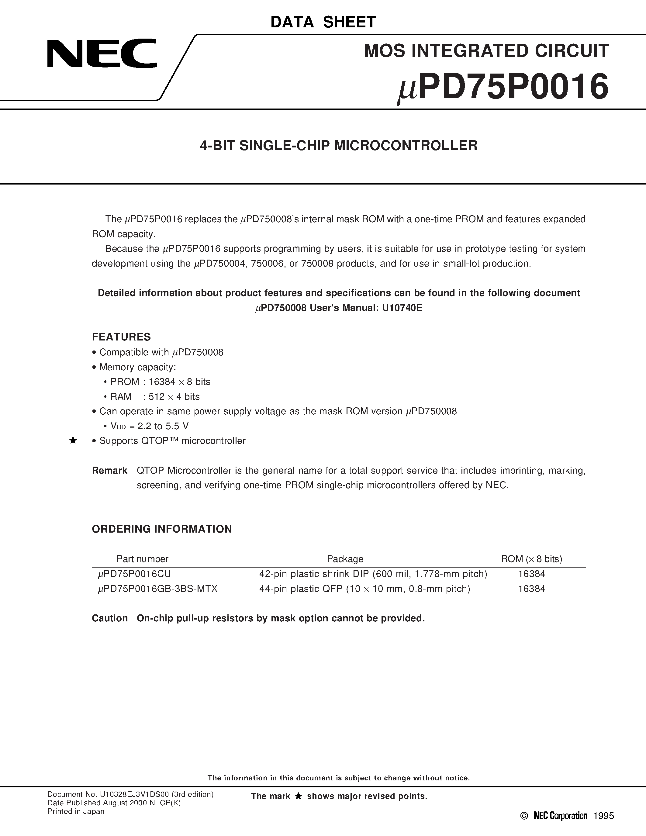 Datasheet UPD75P0016 - 4-BIT SINGLE-CHIP MICROCONTROLLER page 1