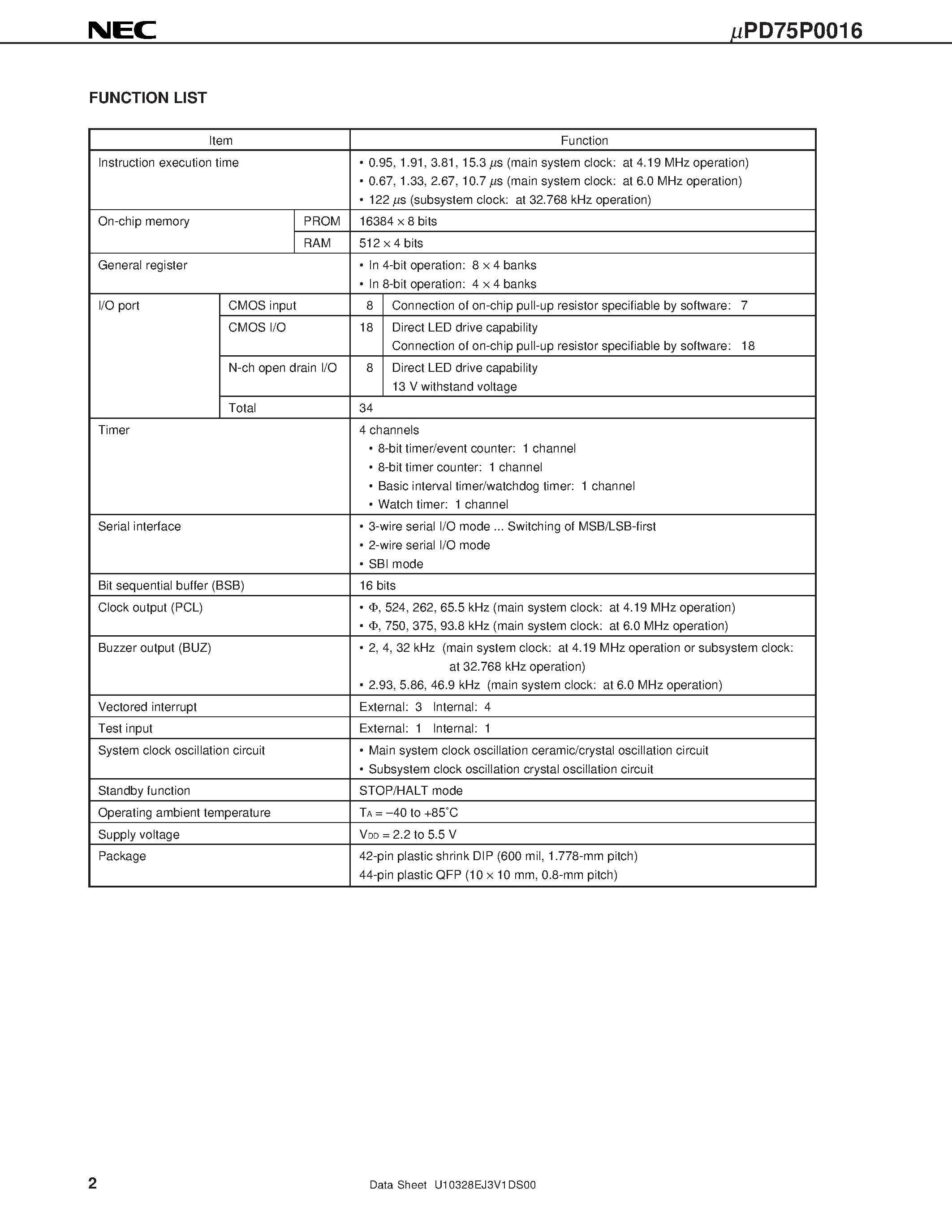 Datasheet UPD75P0016 - 4-BIT SINGLE-CHIP MICROCONTROLLER page 2