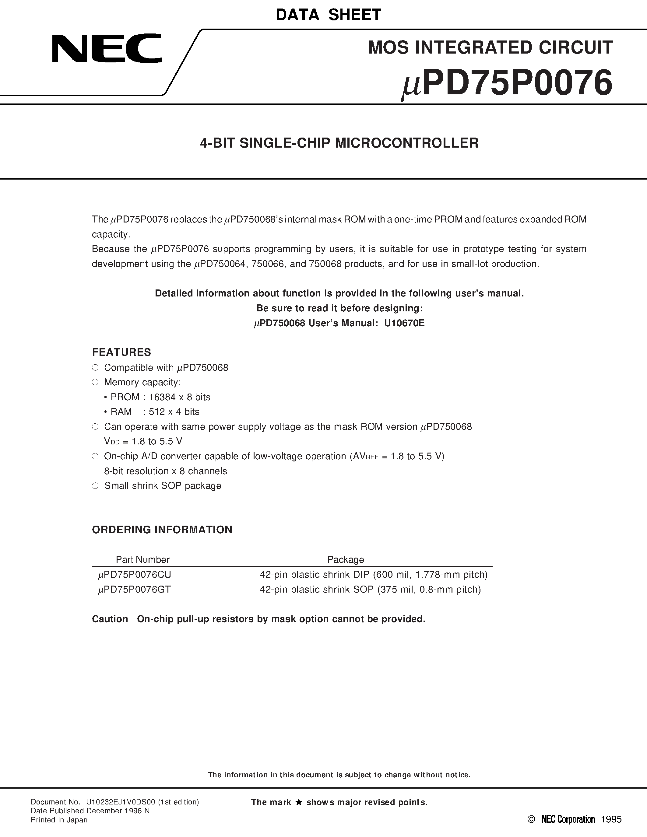 Datasheet UPD75P0076 - 4-BIT SINGLE-CHIP MICROCONTROLLER page 1