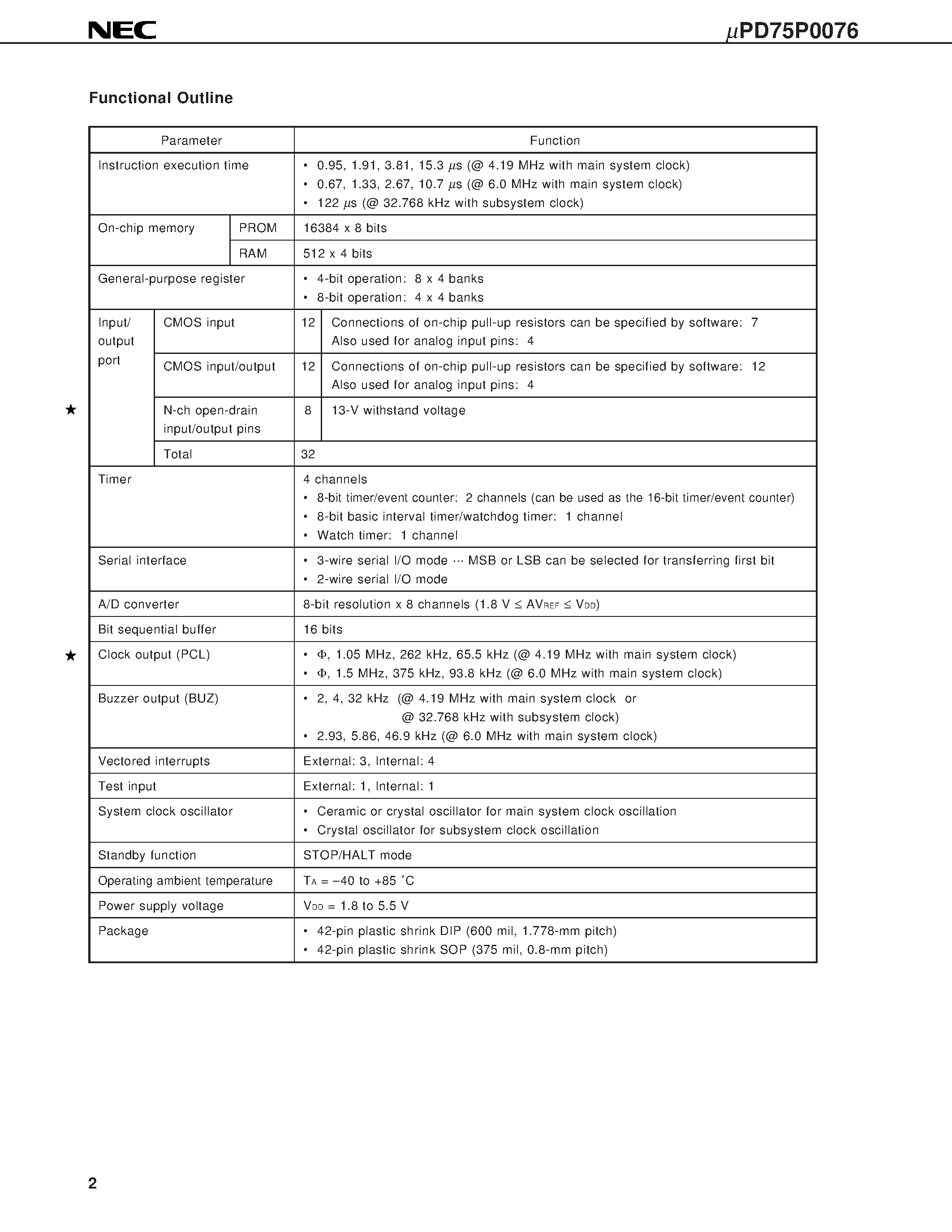 Datasheet UPD75P0076 - 4-BIT SINGLE-CHIP MICROCONTROLLER page 2