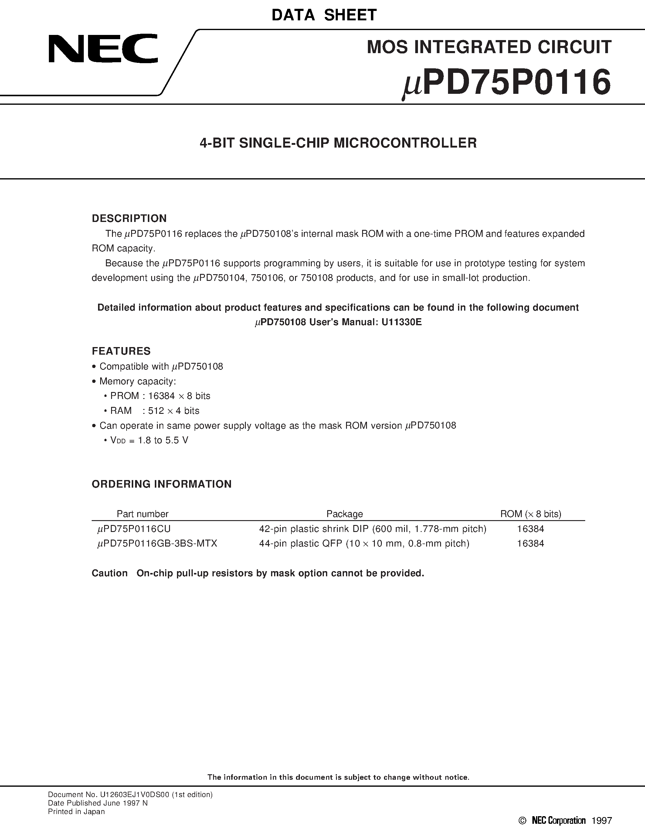 Datasheet UPD75P0116 - 4-BIT SINGLE-CHIP MICROCONTROLLER page 1