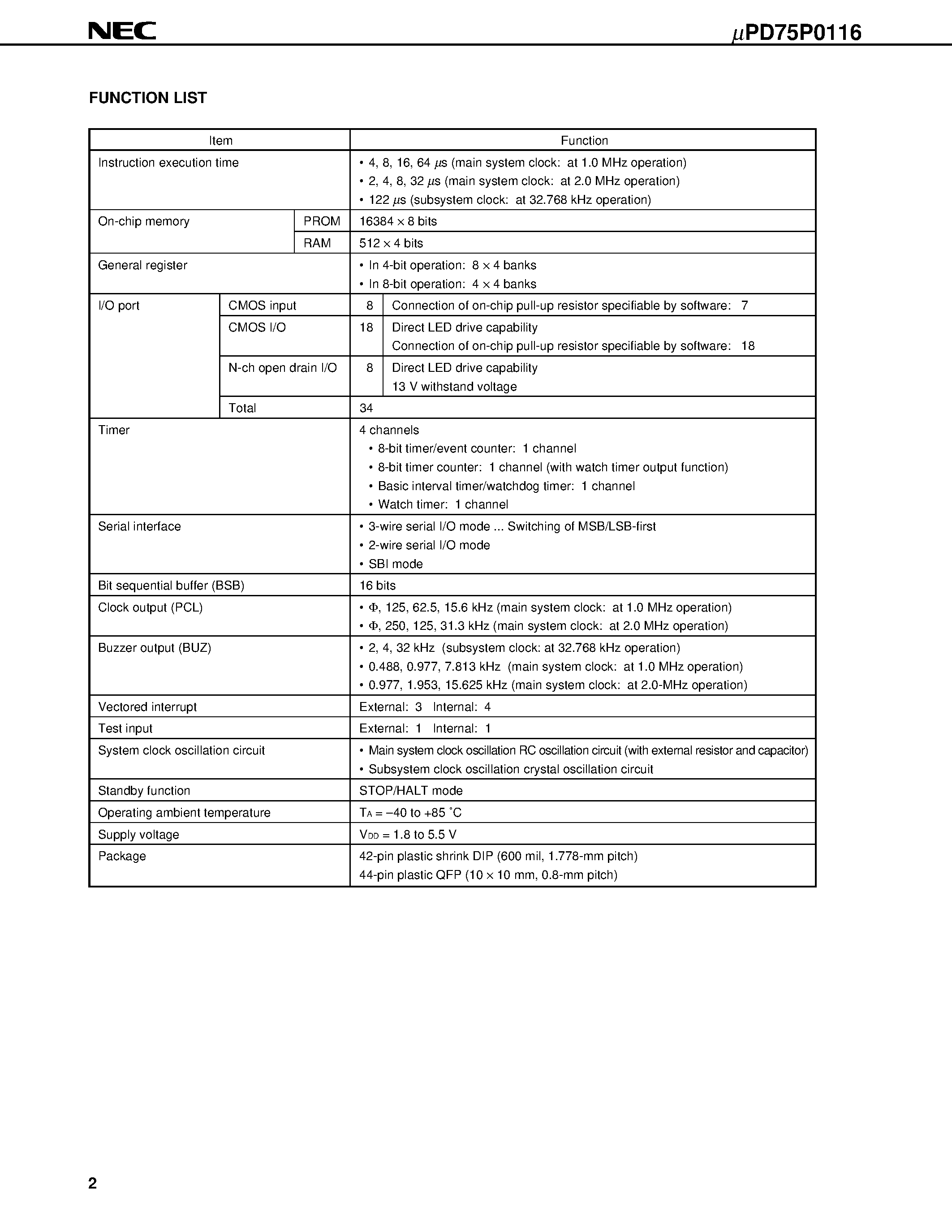 Datasheet UPD75P0116 - 4-BIT SINGLE-CHIP MICROCONTROLLER page 2