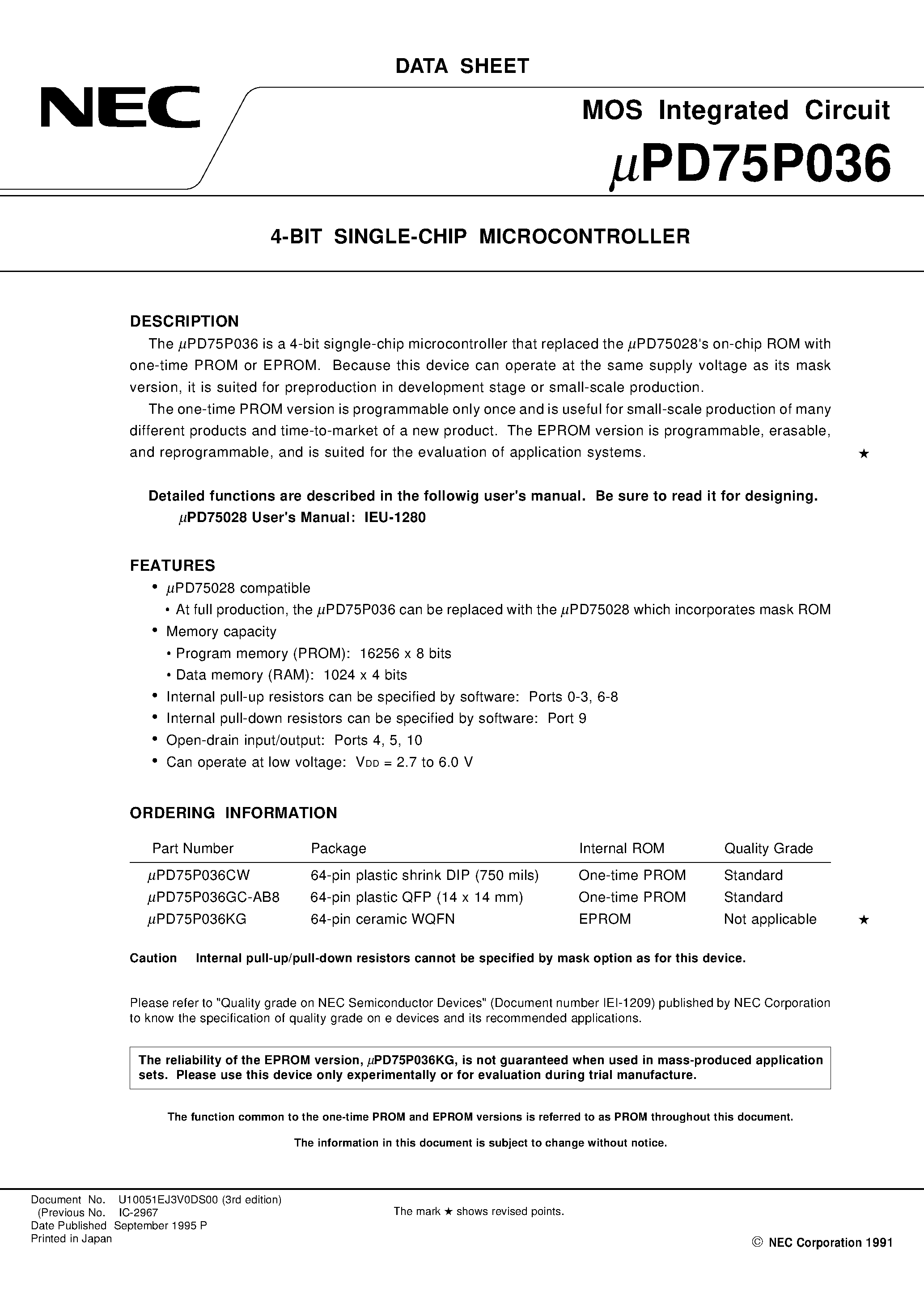 Datasheet UPD75P036 - 4-BIT SINGLE-CHIP MICROCONTROLLER page 1