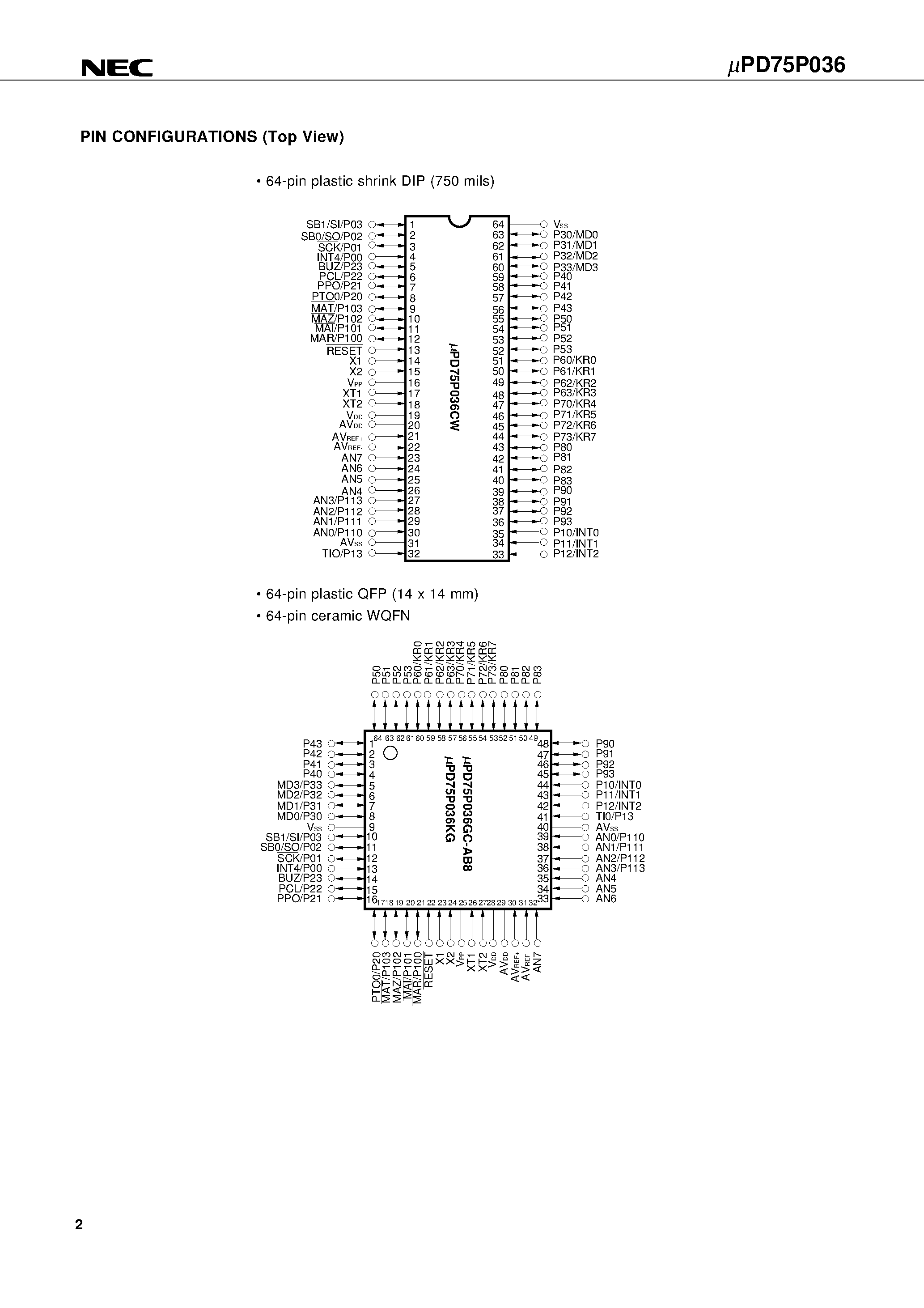 Datasheet UPD75P036 - 4-BIT SINGLE-CHIP MICROCONTROLLER page 2