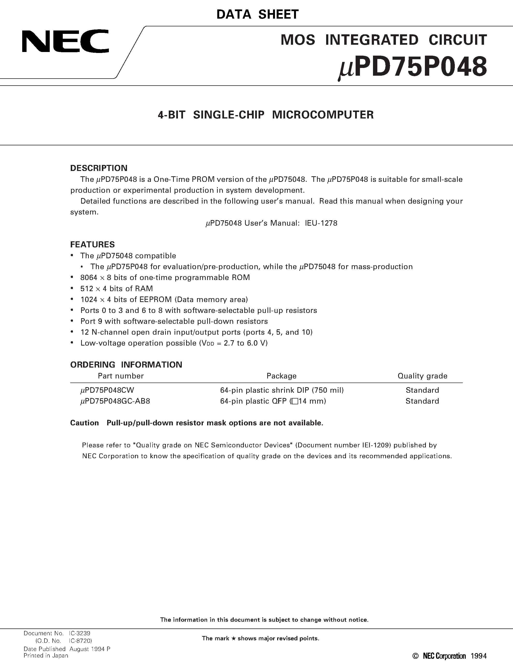 Datasheet UPD75P048 - 4-BIT SINGLE-CHIP MICROCOMPUTER page 1