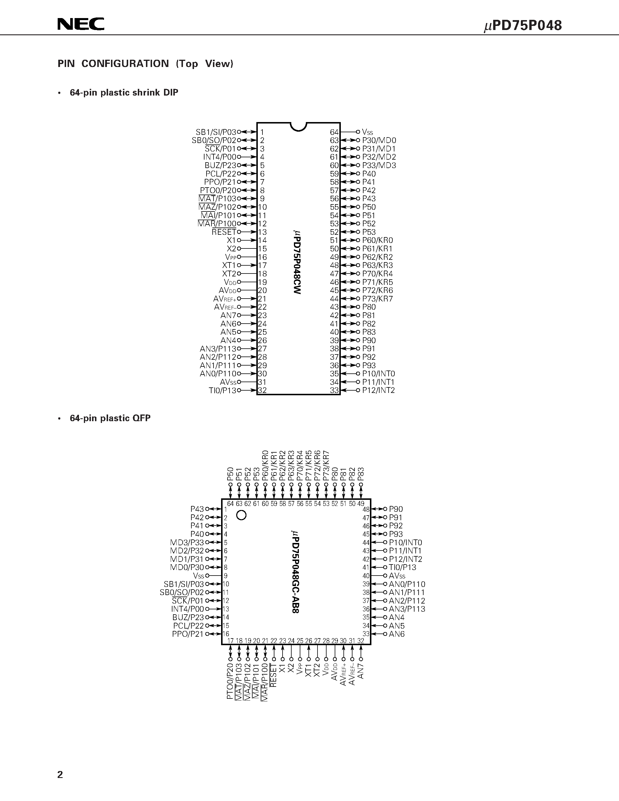 Datasheet UPD75P048 - 4-BIT SINGLE-CHIP MICROCOMPUTER page 2