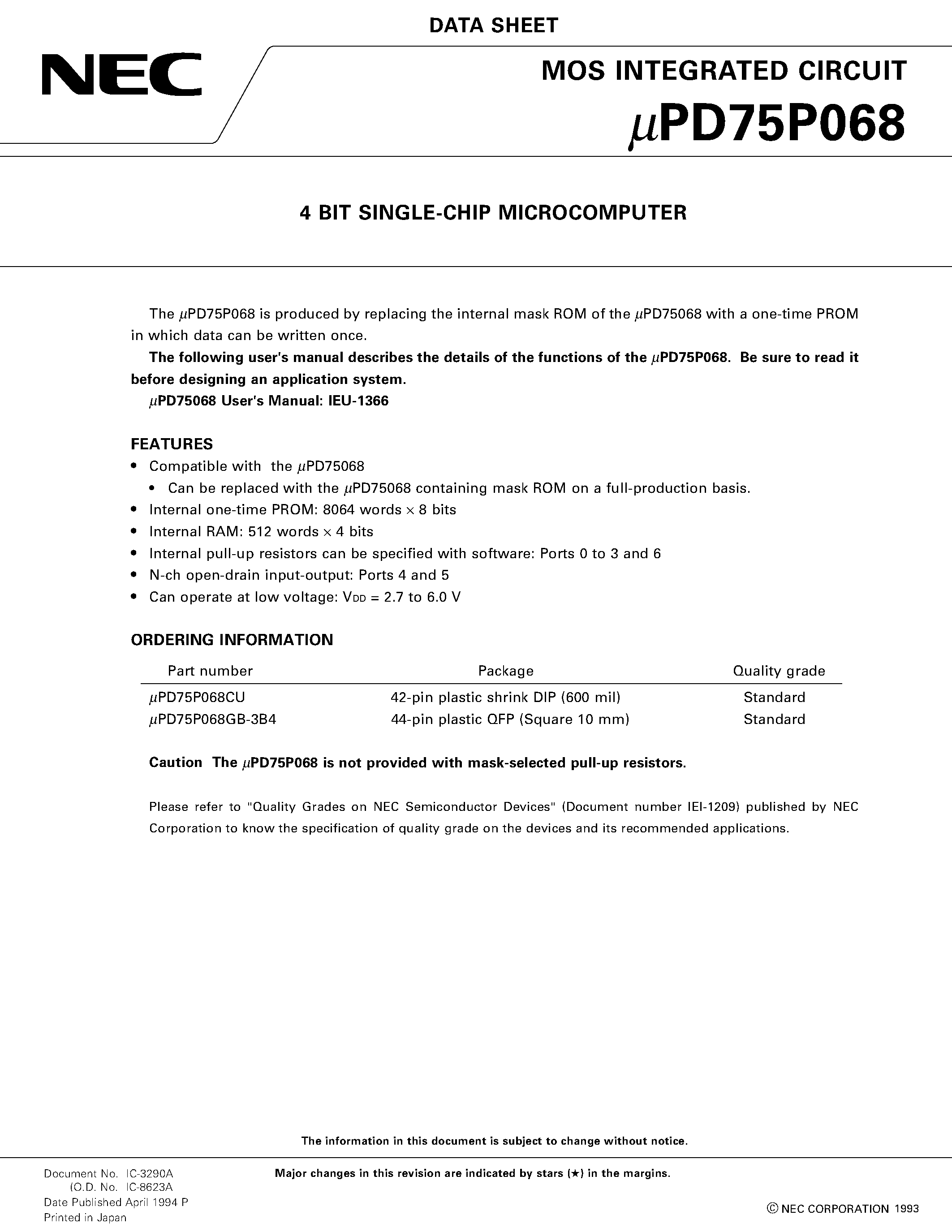 Datasheet UPD75P068 - 4 BIT SINGLE-CHIP MICROCOMPUTER page 1