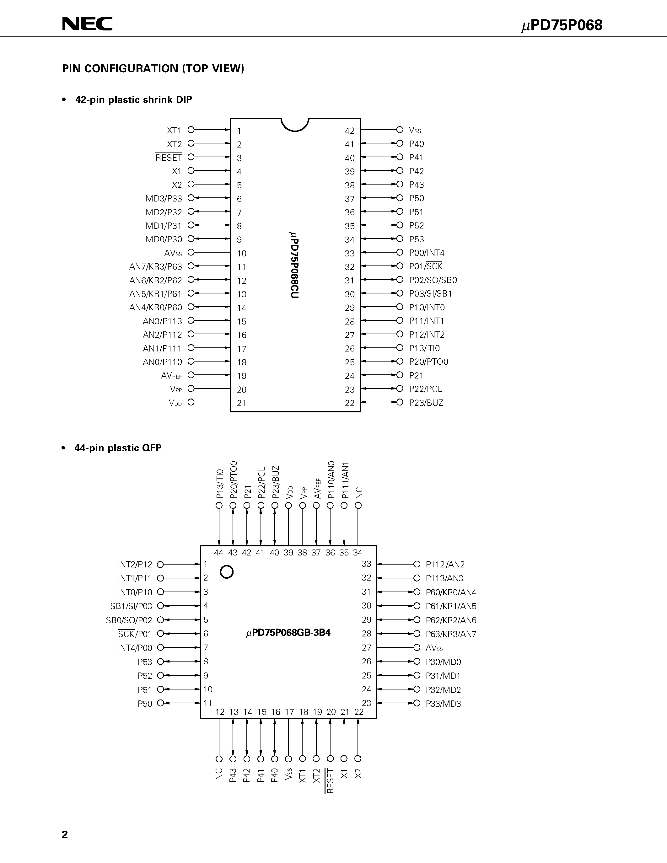 Datasheet UPD75P068 - 4 BIT SINGLE-CHIP MICROCOMPUTER page 2