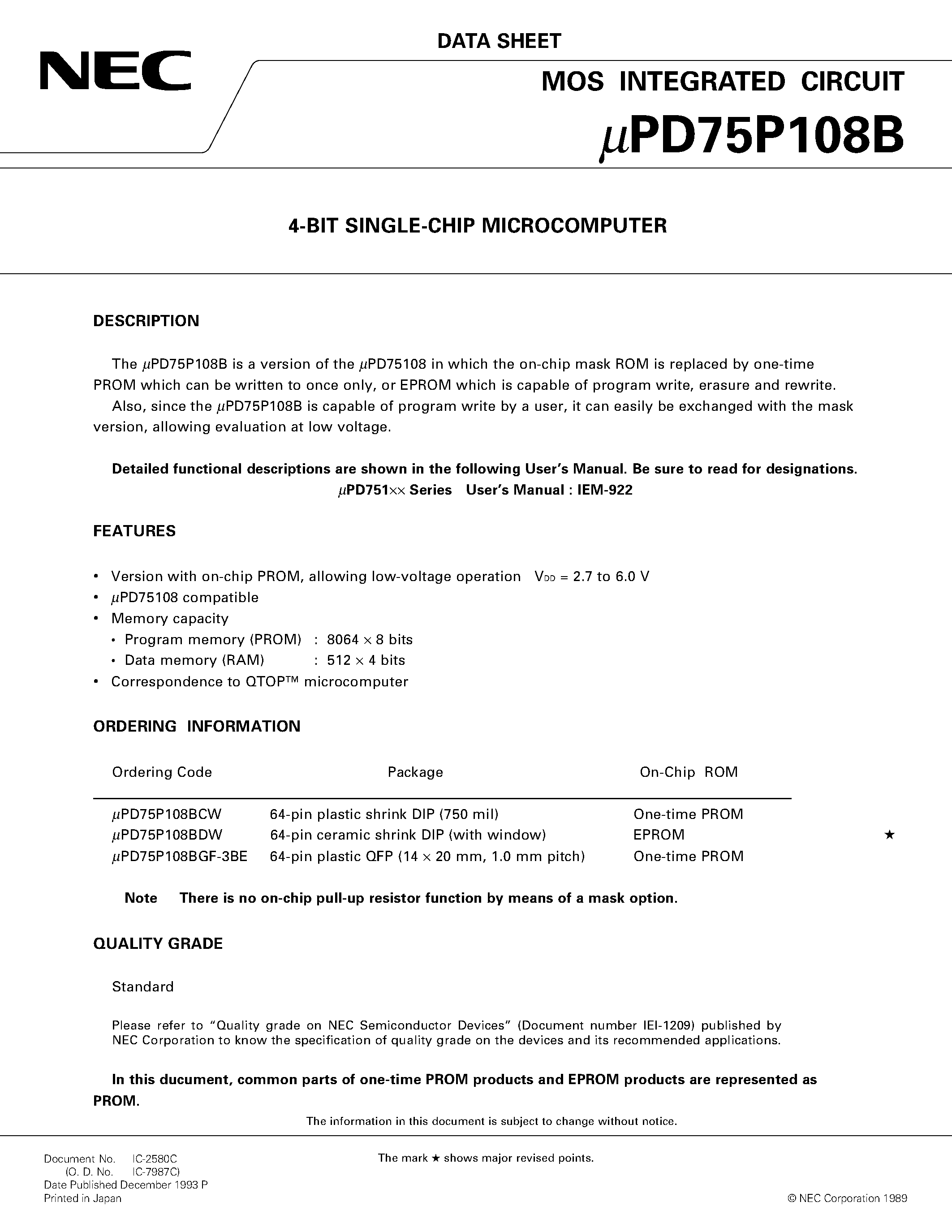 Datasheet UPD75P108B - 4-BIT SINGLE-CHIP MICROCOMPUTER page 1