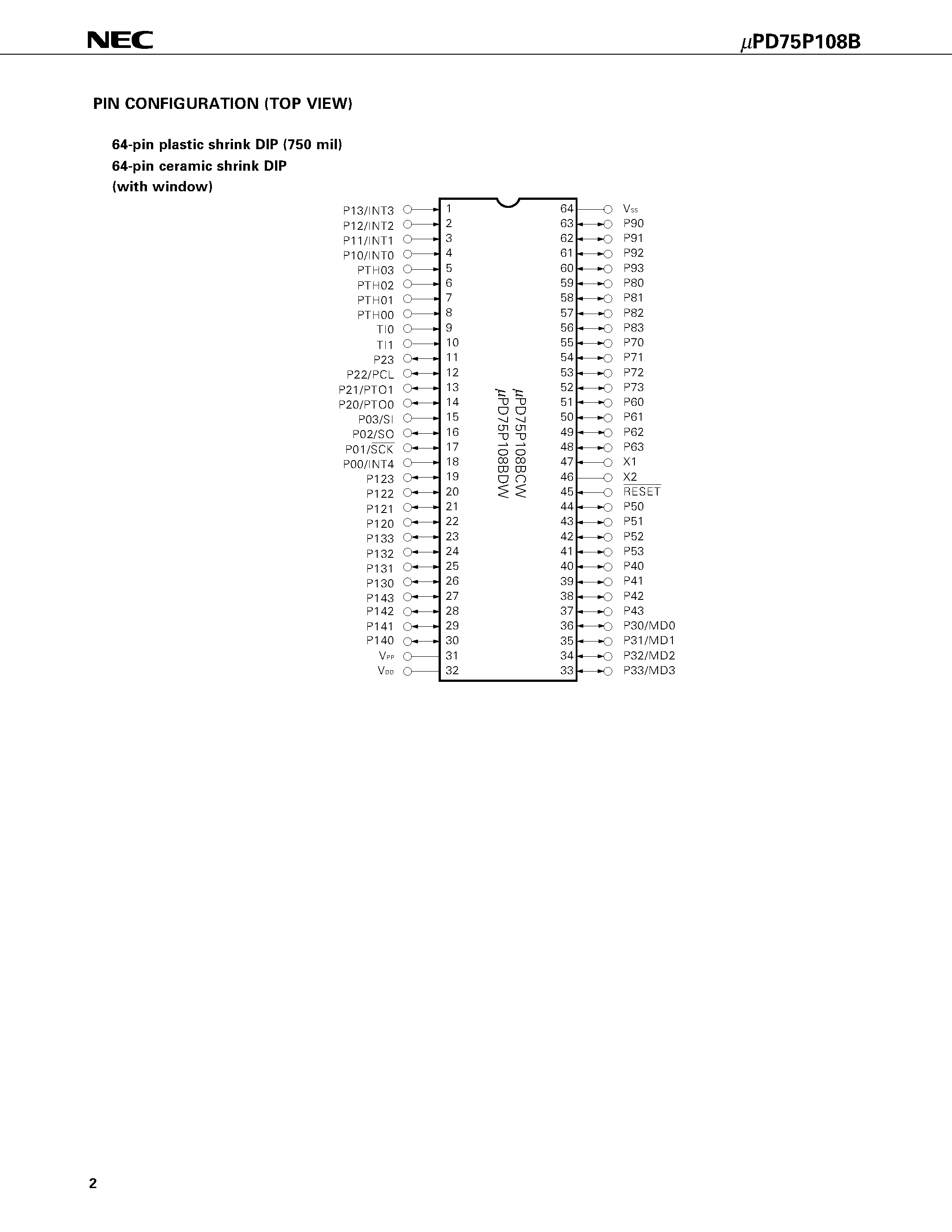 Datasheet UPD75P108B - 4-BIT SINGLE-CHIP MICROCOMPUTER page 2