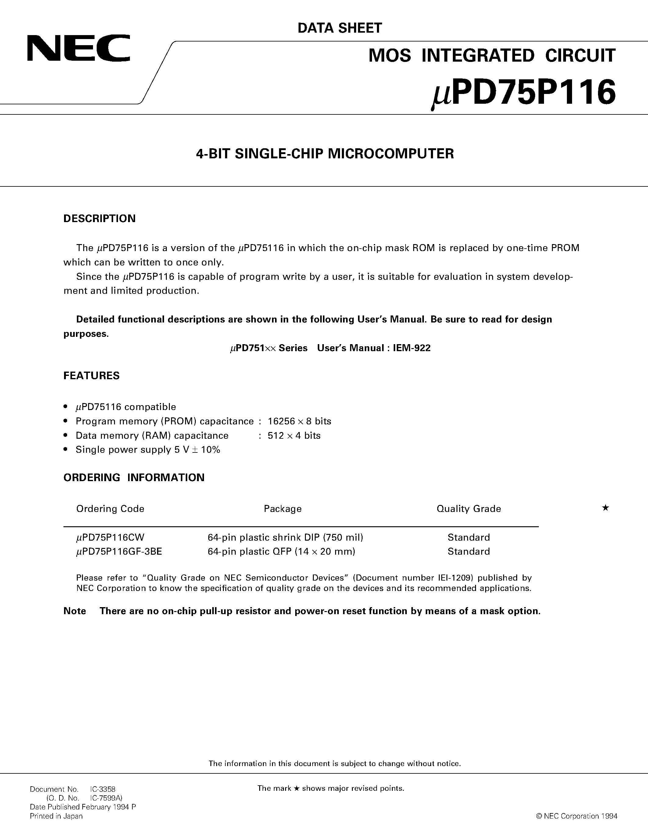 Datasheet UPD75P116 - 4-BIT SINGLE-CHIP MICROCOMPUTER page 1