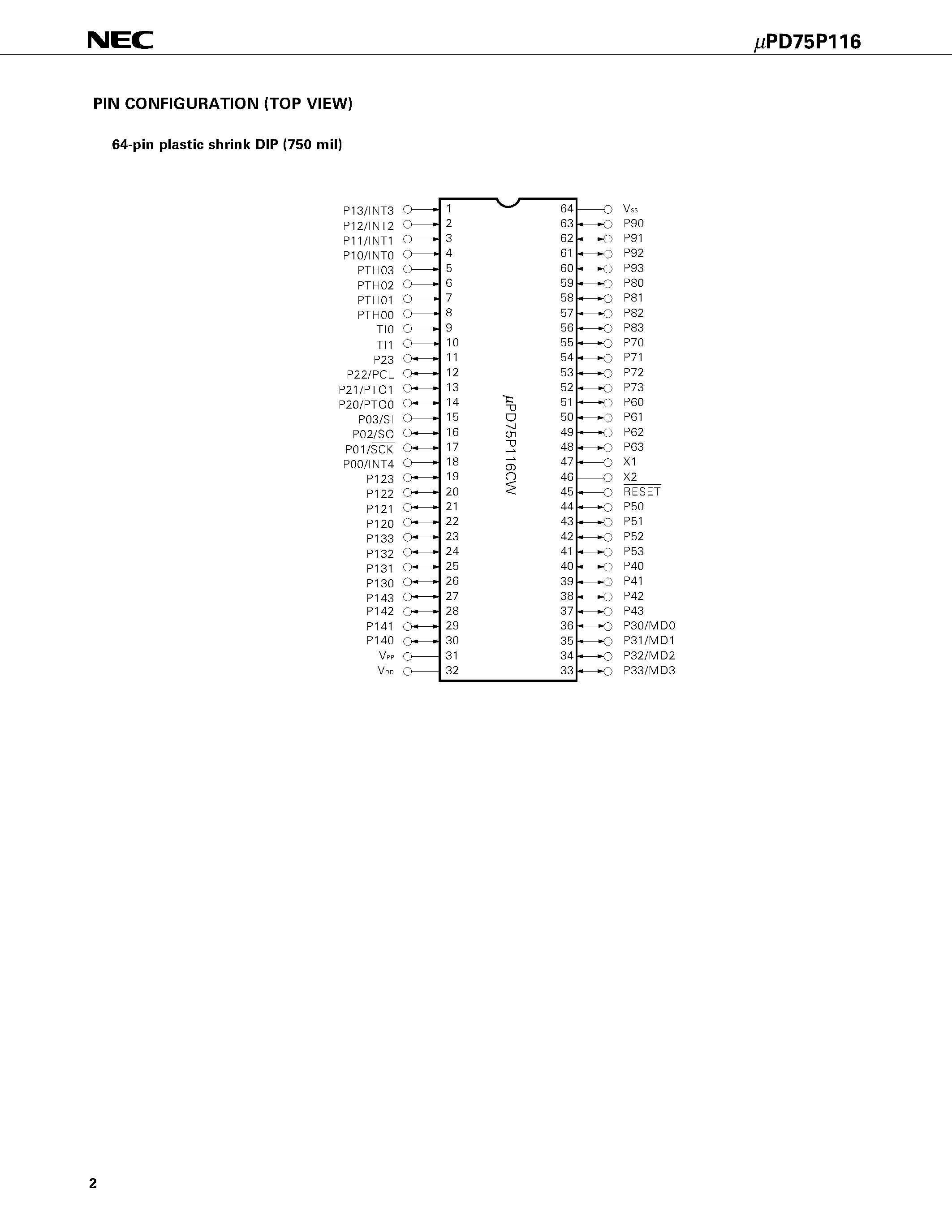 Datasheet UPD75P116 - 4-BIT SINGLE-CHIP MICROCOMPUTER page 2