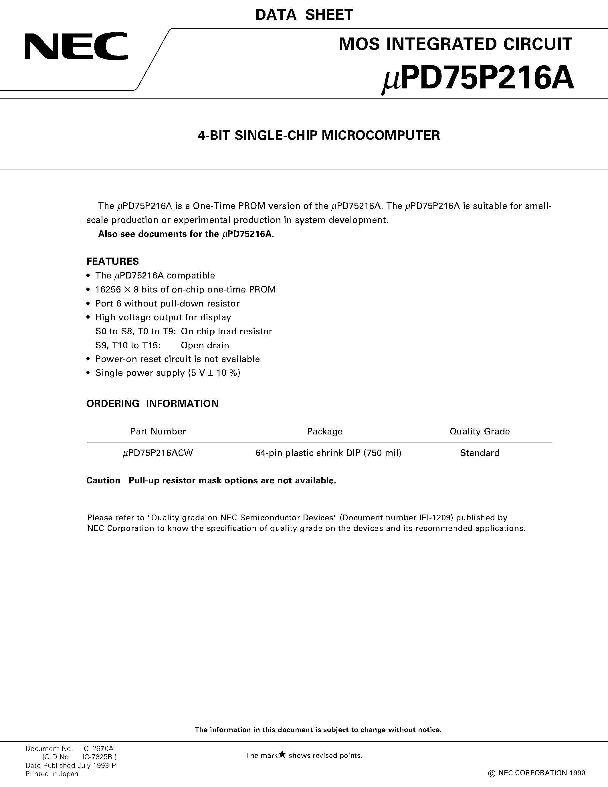 Datasheet UPD75P216ACW - 4-BIT SINGLE-CHIP MICROCOMPUTER page 1