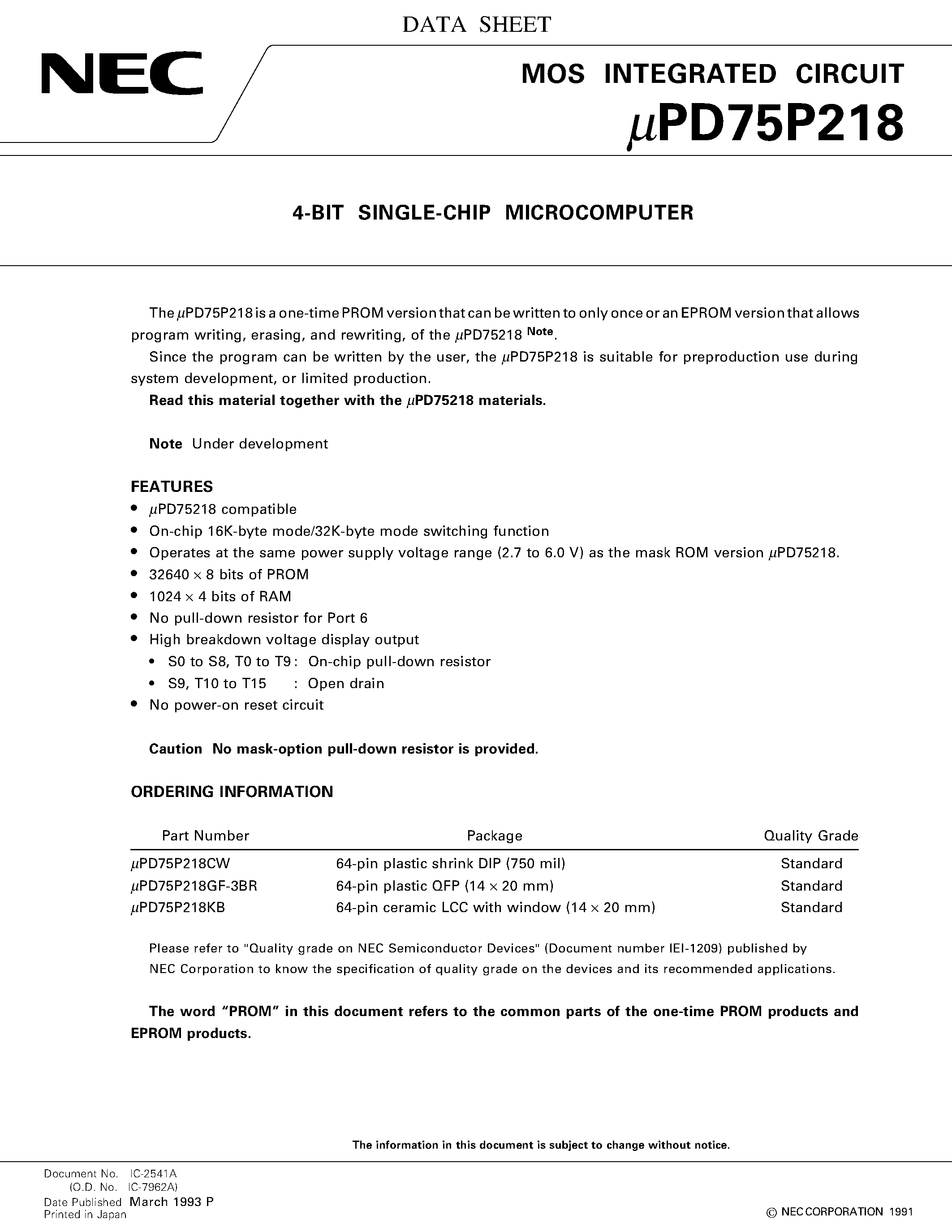 Datasheet UPD75P218 - 4-BIT SINGLE-CHIP MICROCOMPUTER page 1