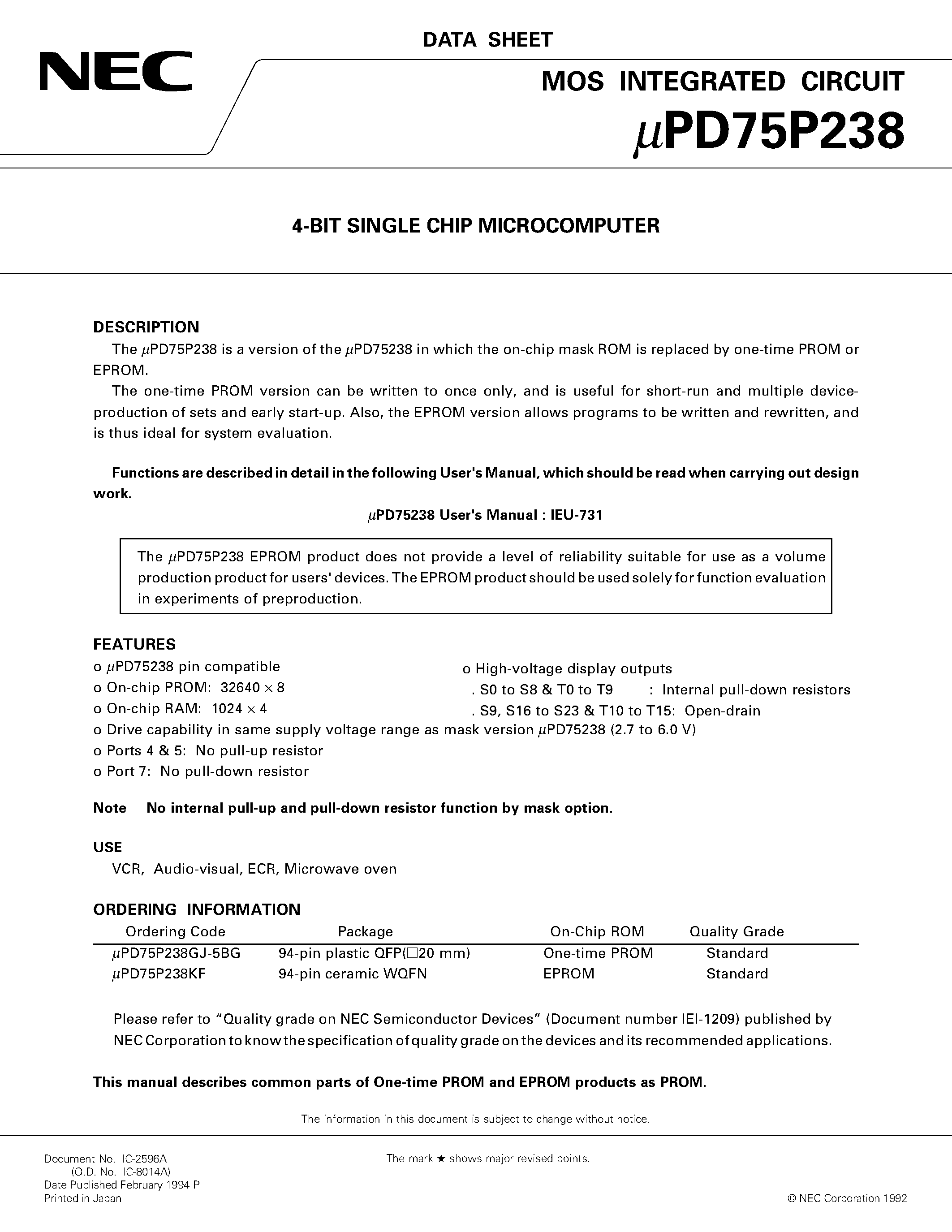 Datasheet UPD75P238 - 4-BIT SINGLE CHIP MICROCOMPUTER page 1