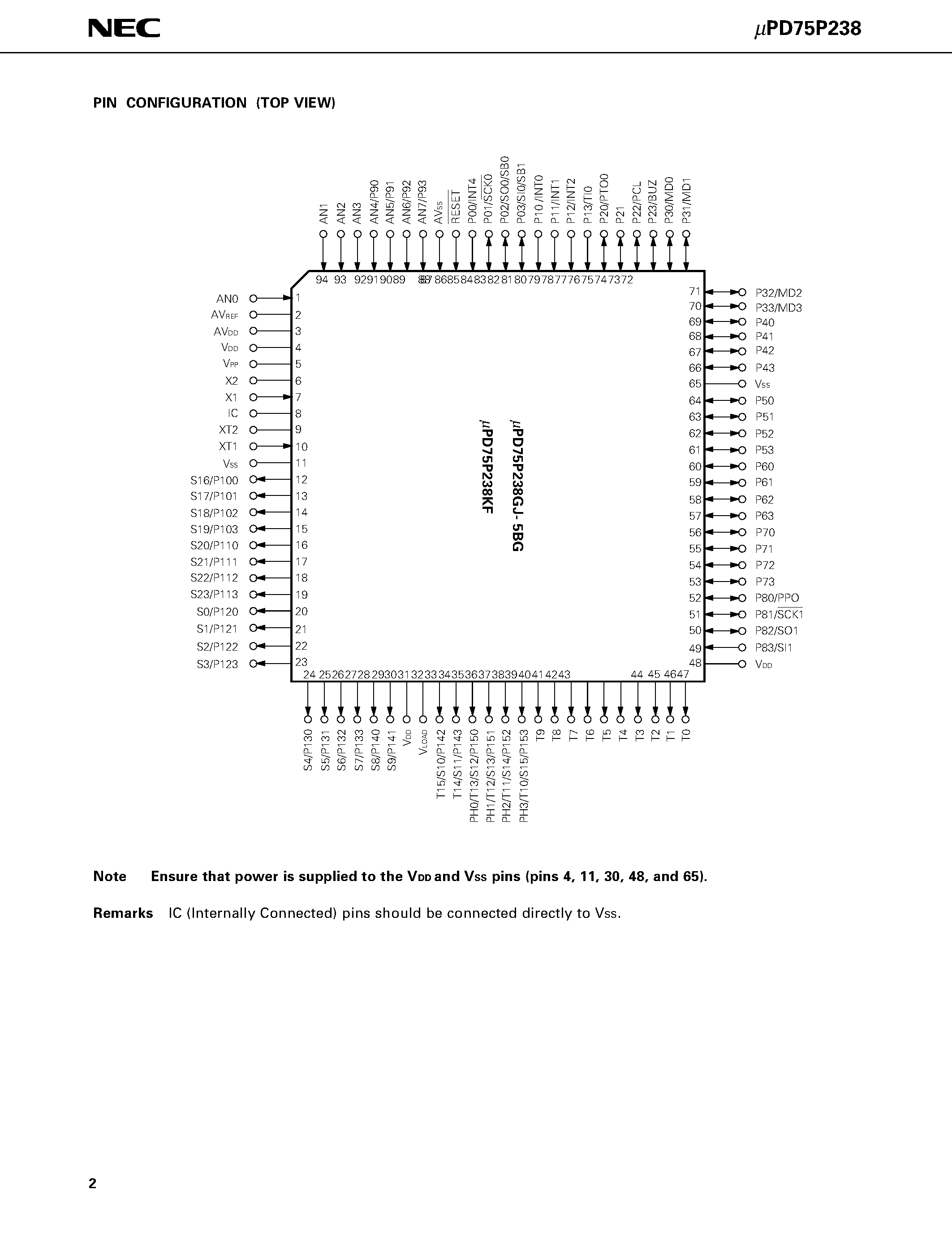 Datasheet UPD75P238 - 4-BIT SINGLE CHIP MICROCOMPUTER page 2