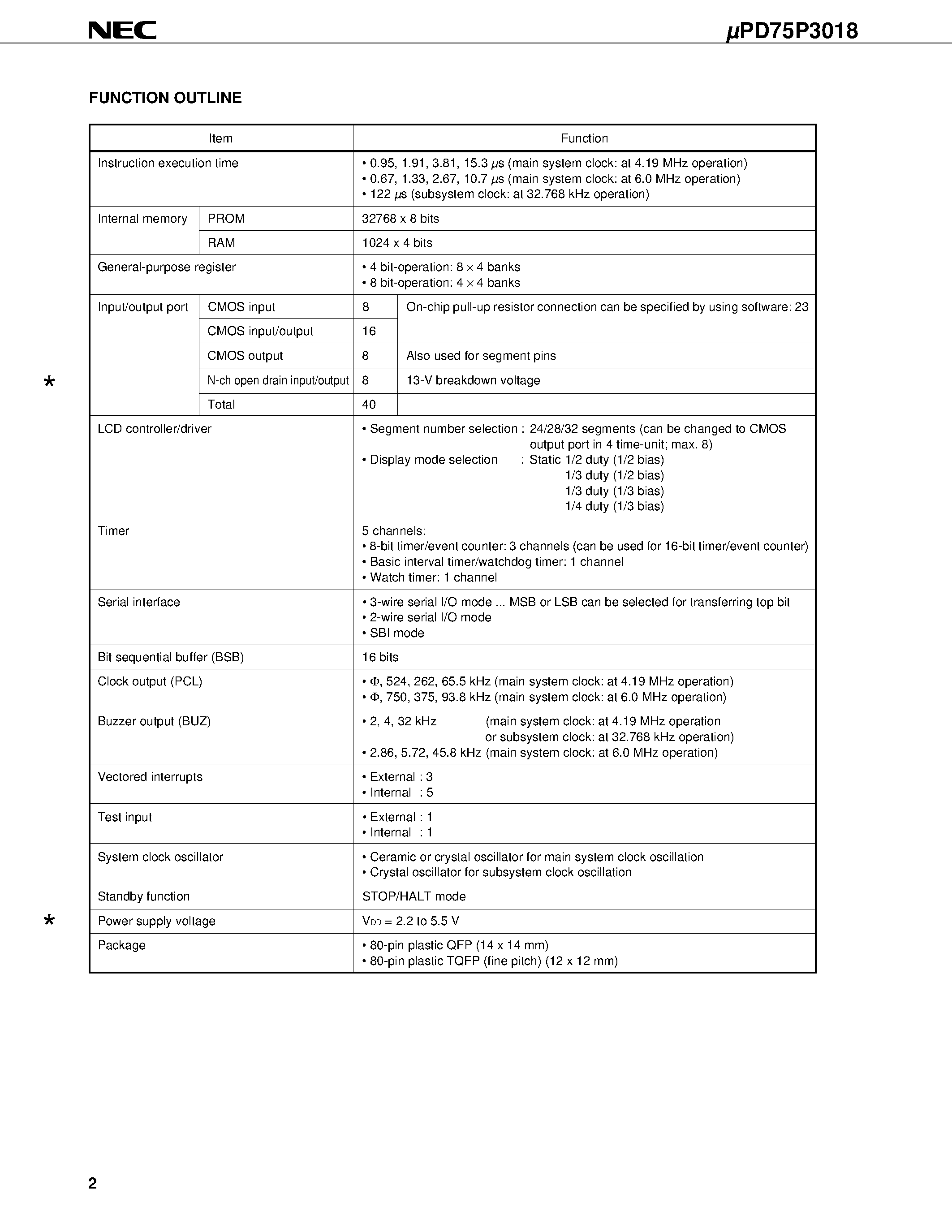 Даташит UPD75P3018 - 4-BIT SINGLE-CHIP MICROCONTROLLER страница 2