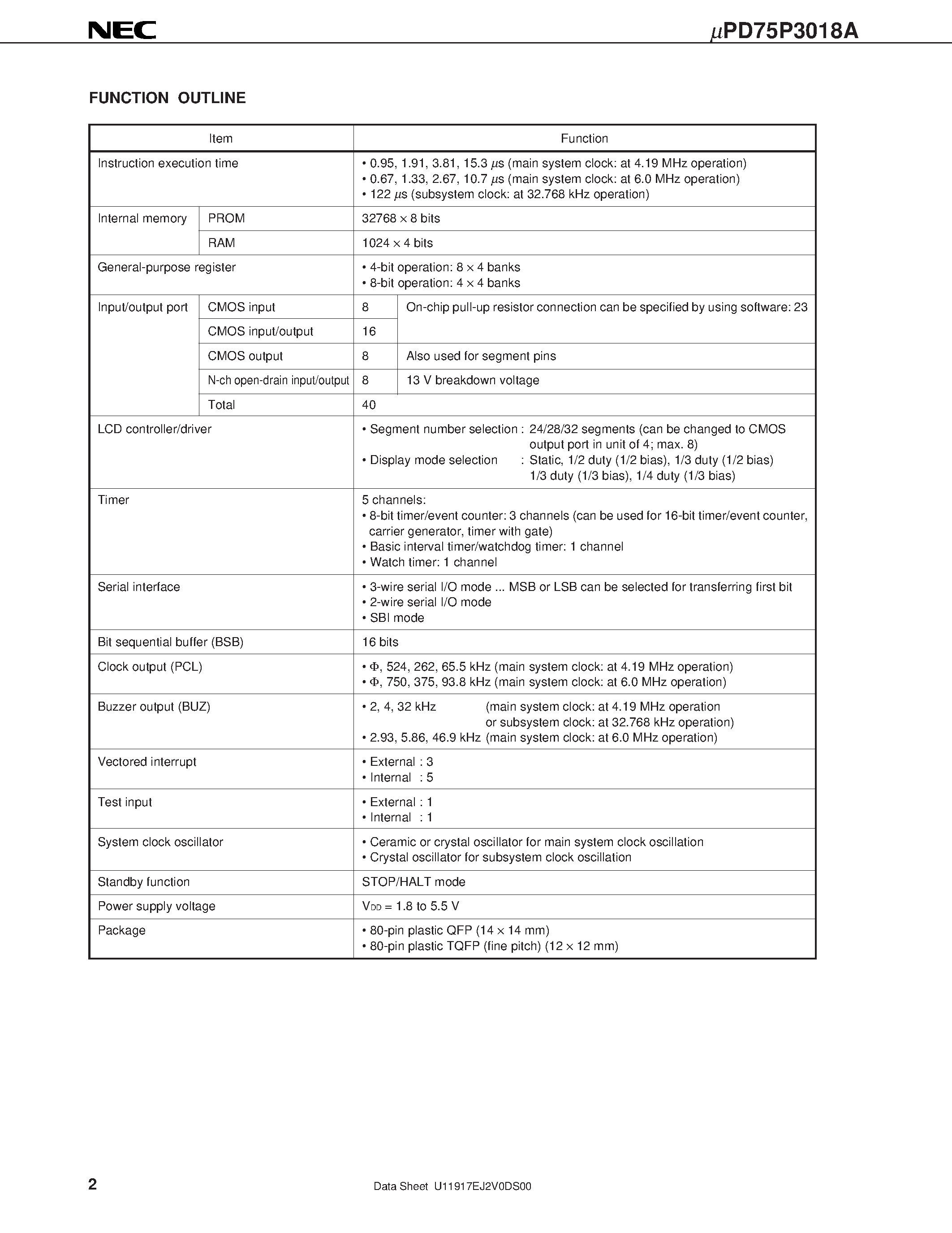 Даташит UPD75P3018A - 4-BIT SINGLE-CHIP MICROCONTROLLER страница 2