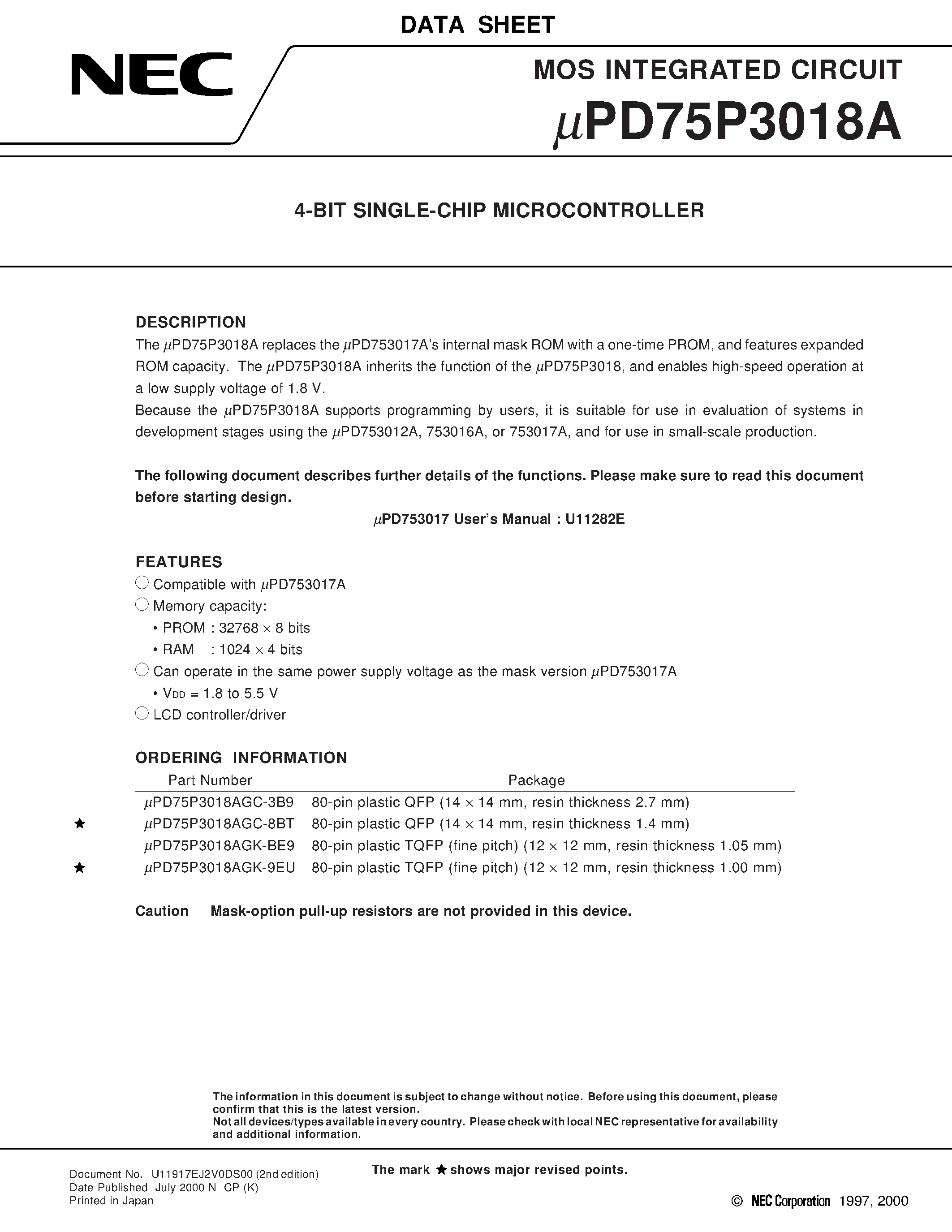 Datasheet UPD75P3018AGC-3B9 - 4-BIT SINGLE-CHIP MICROCONTROLLER page 1