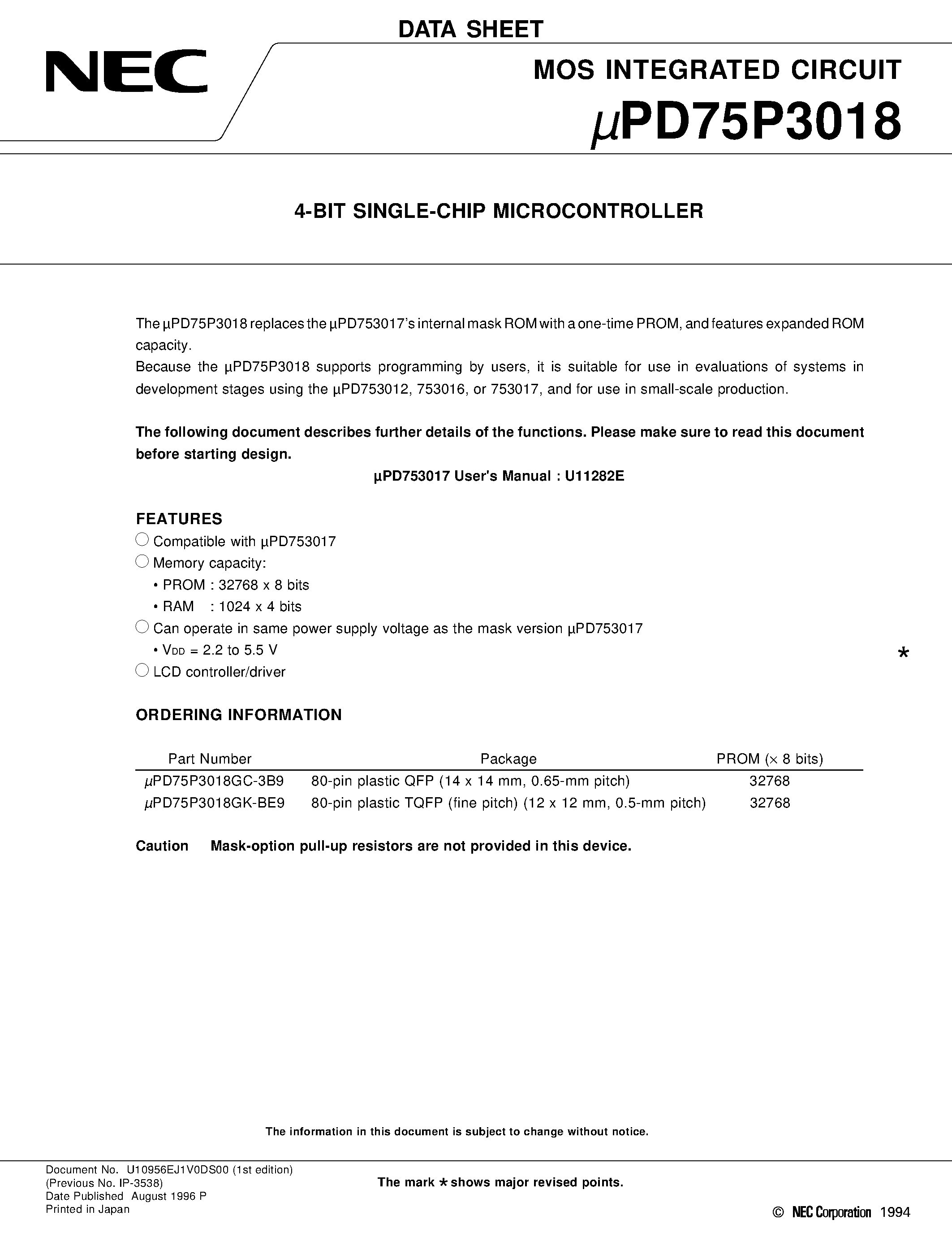 Datasheet UPD75P3018GK-BE9 - 4-BIT SINGLE-CHIP MICROCONTROLLER page 1