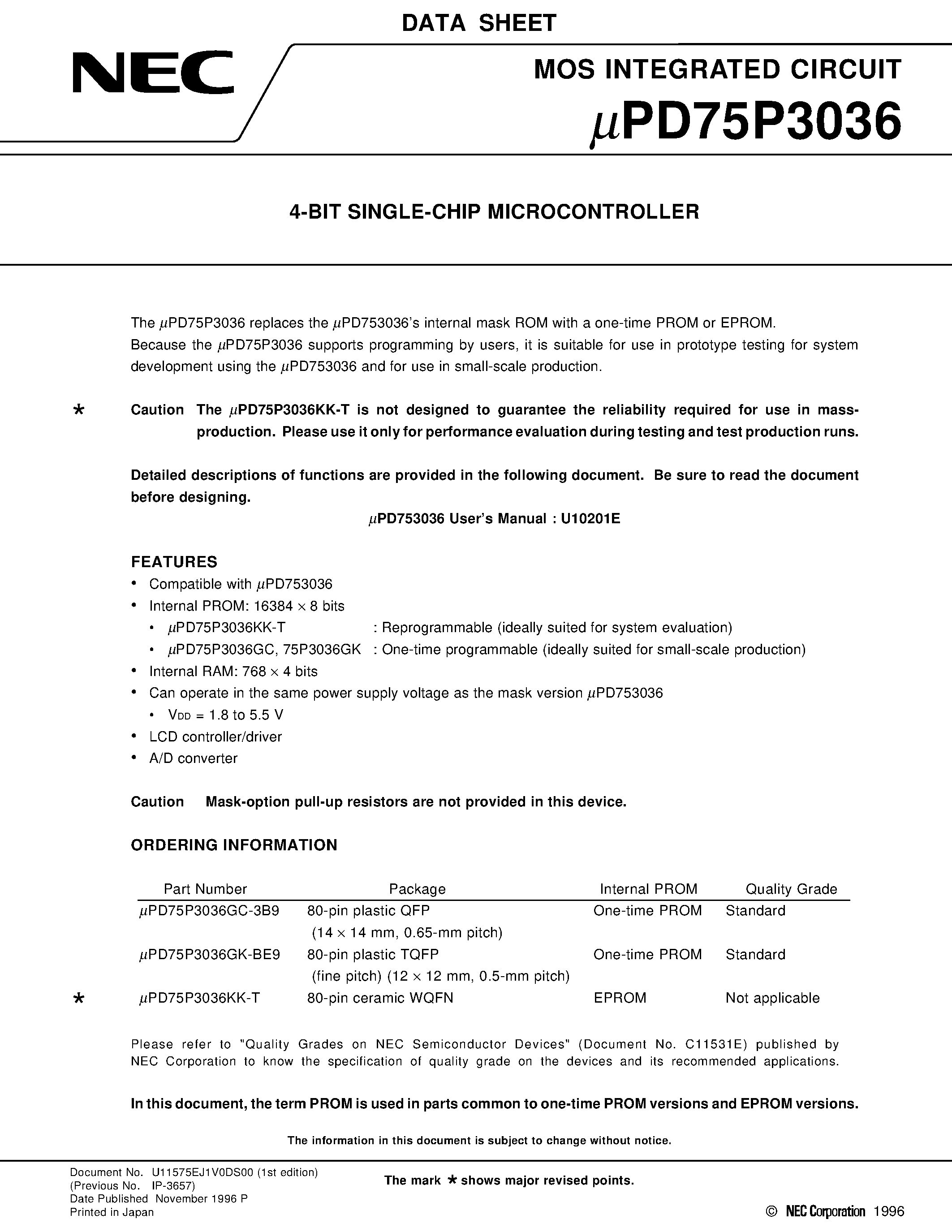 Datasheet UPD75P3036 - 4-BIT SINGLE-CHIP MICROCONTROLLER page 1