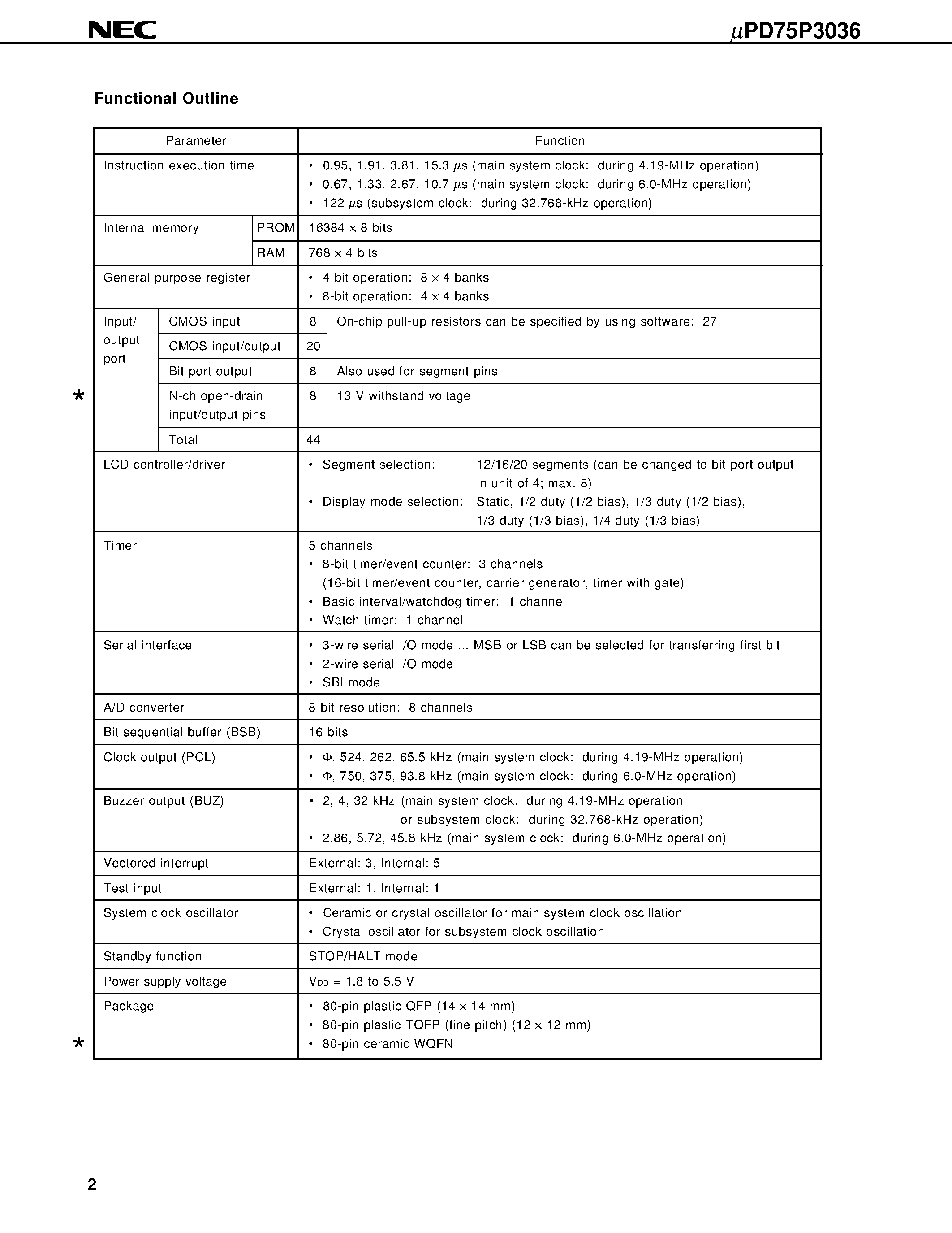 Datasheet UPD75P3036 - 4-BIT SINGLE-CHIP MICROCONTROLLER page 2