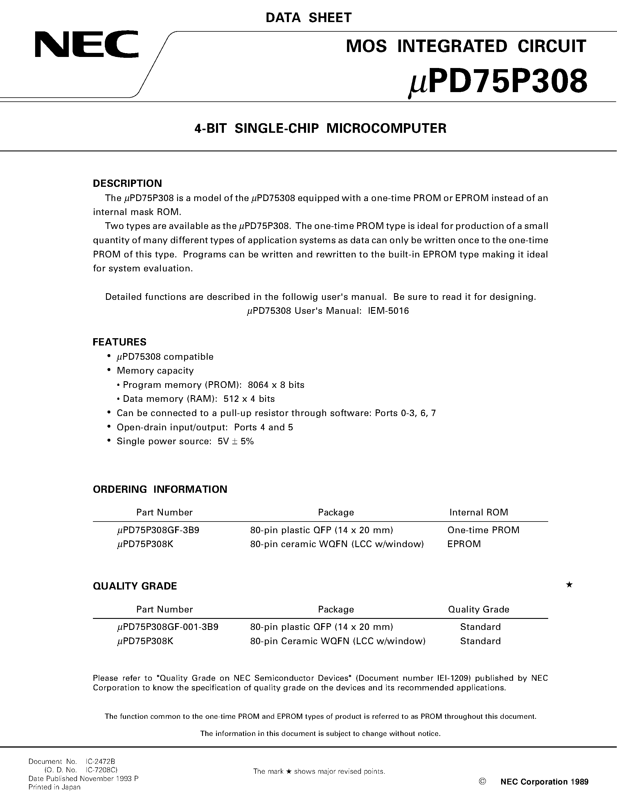 Datasheet UPD75P308 - 4-BIT SINGLE-CHIP MICROCOMPUTER page 1