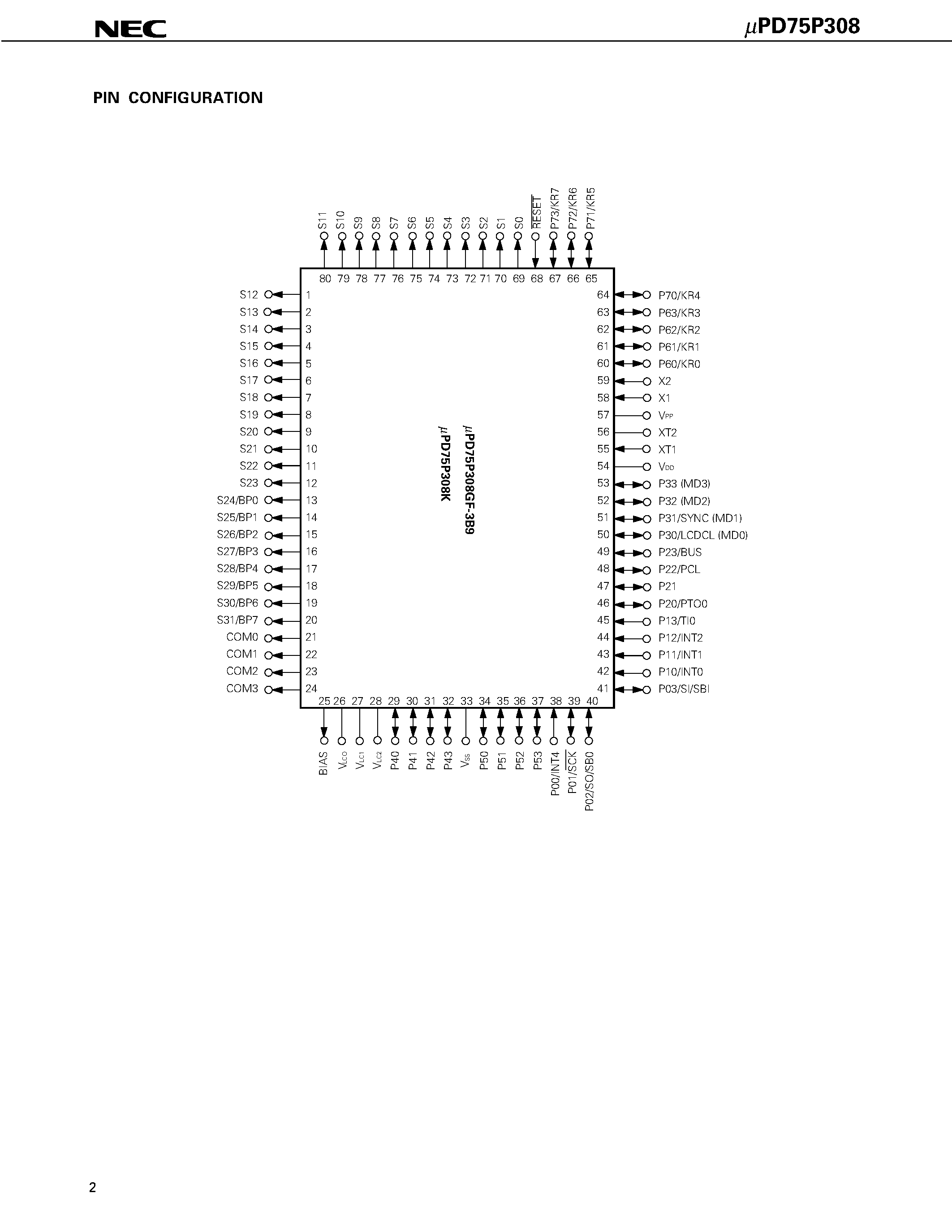 Datasheet UPD75P308 - 4-BIT SINGLE-CHIP MICROCOMPUTER page 2