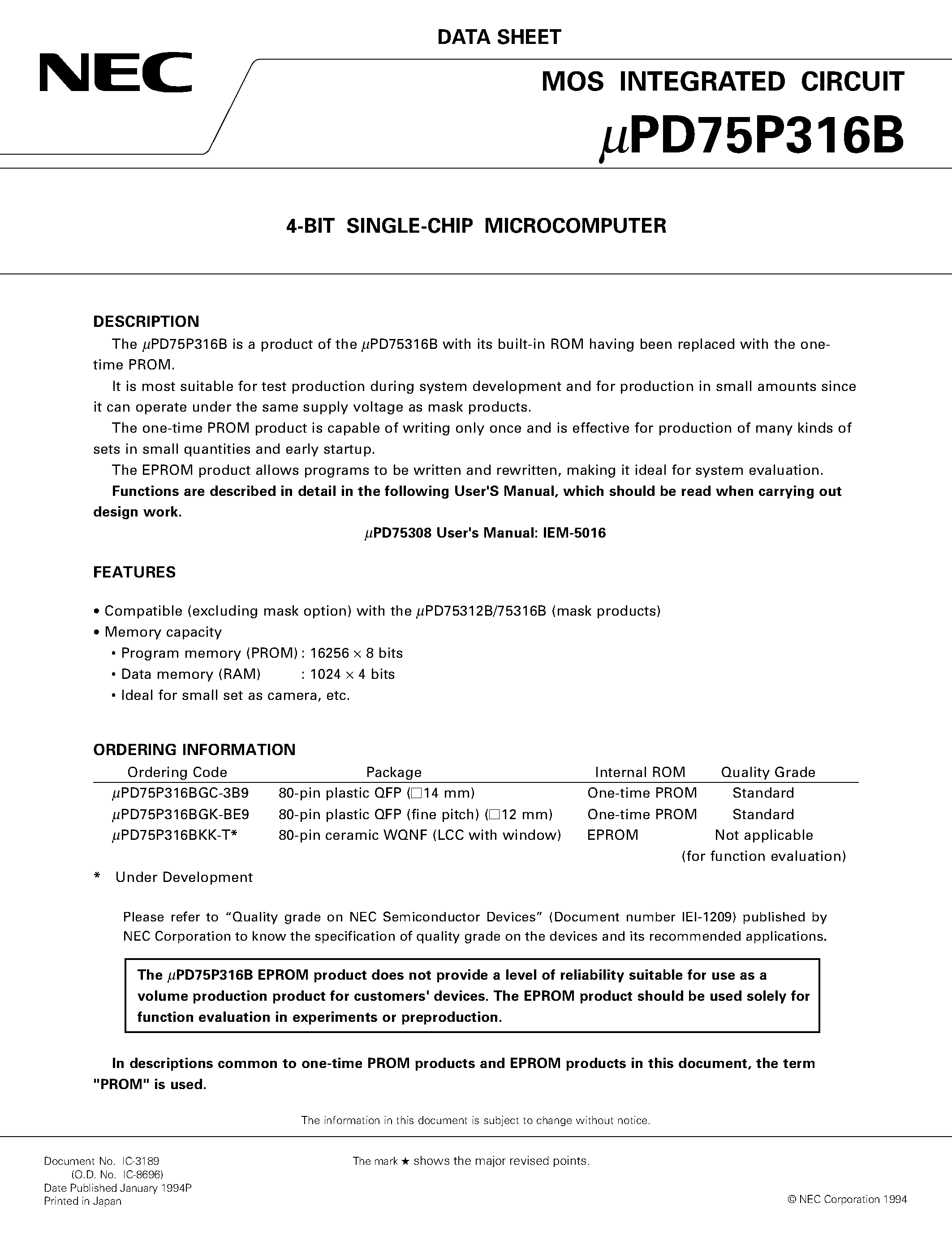 Datasheet UPD75P316B - 4-BIT SINGLE-CHIP MICROCOMPUTER page 1