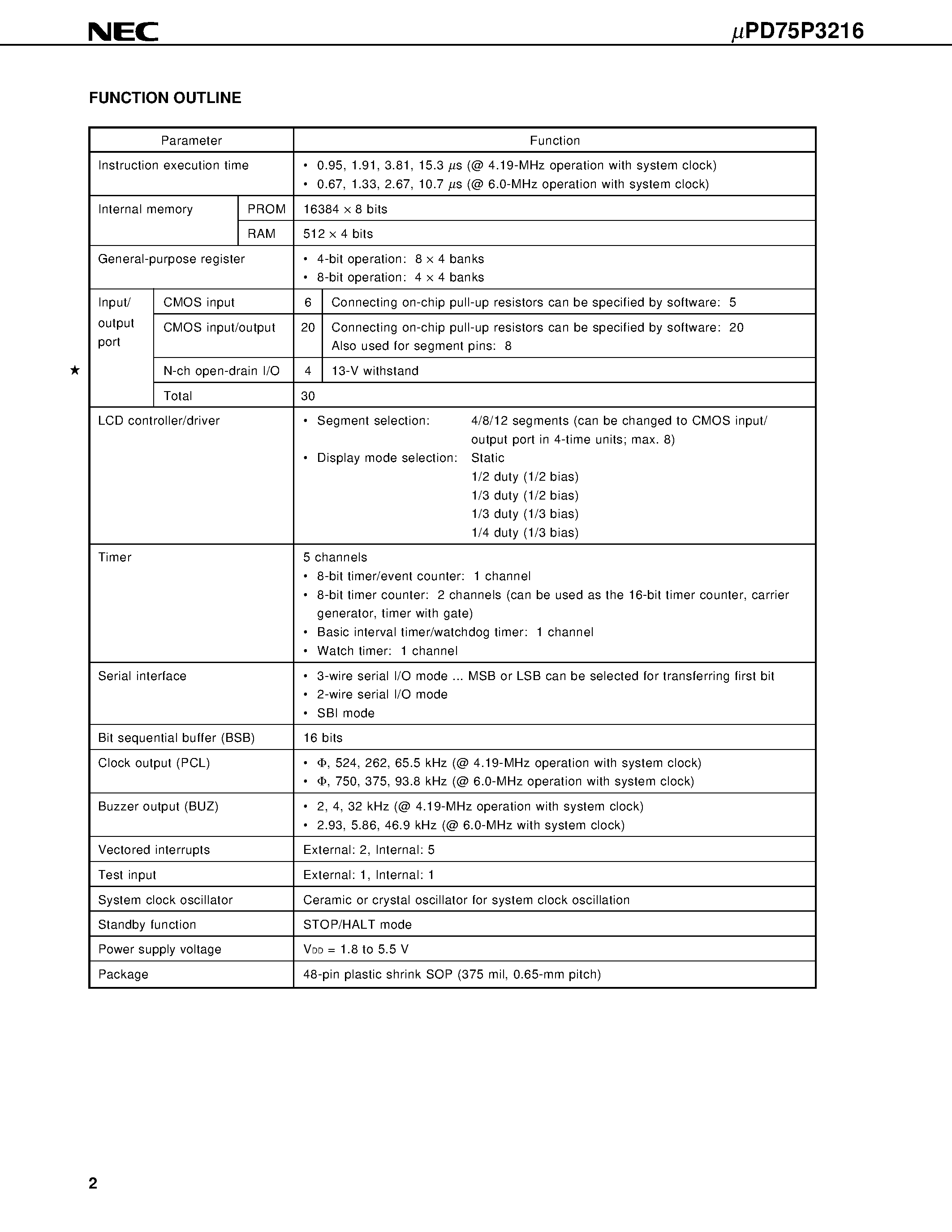 Datasheet UPD75P3216 - 4-BIT SINGLE-CHIP MICROCONTROLLER page 2