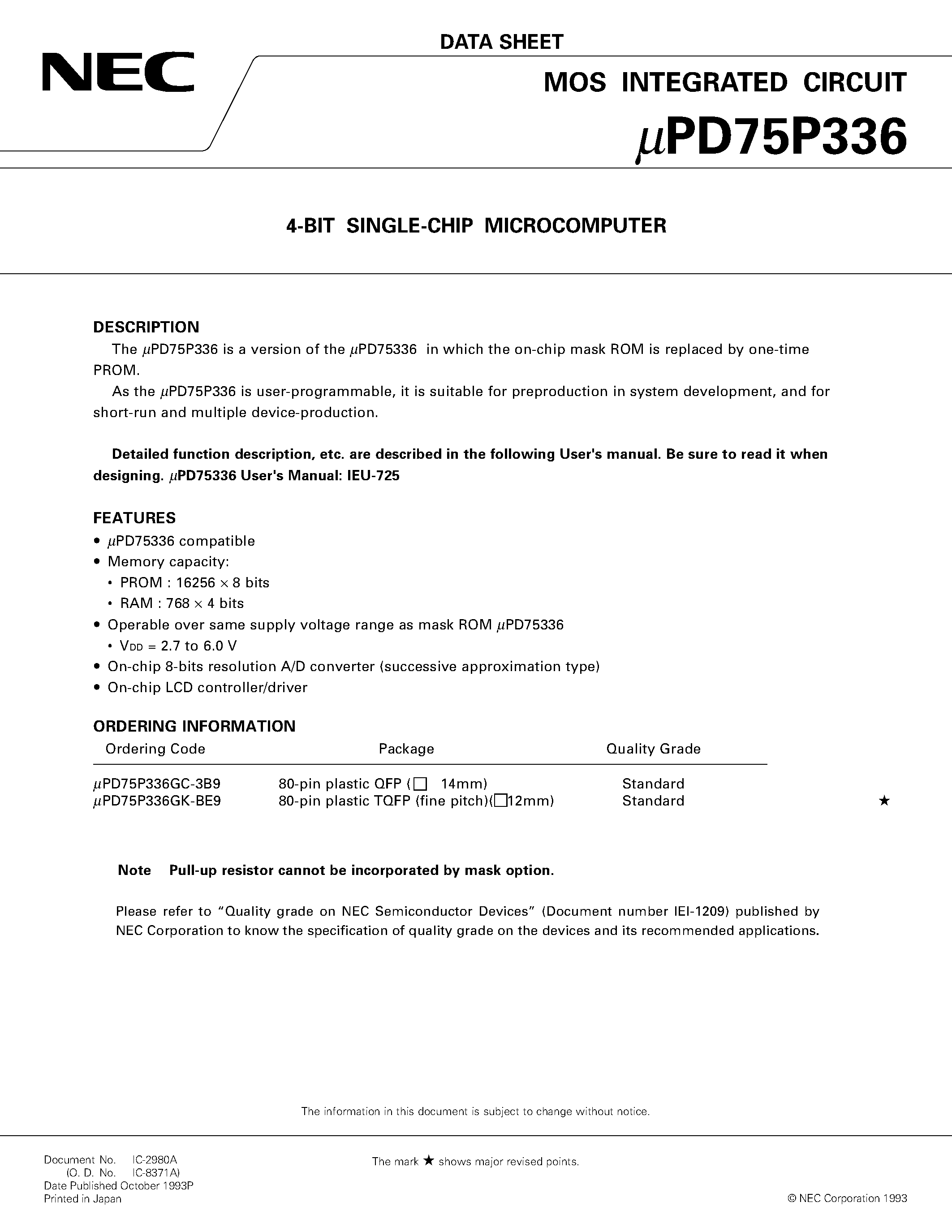 Даташит UPD75P336 - 4-BIT SINGLE-CHIP MICROCOMPUTER страница 1