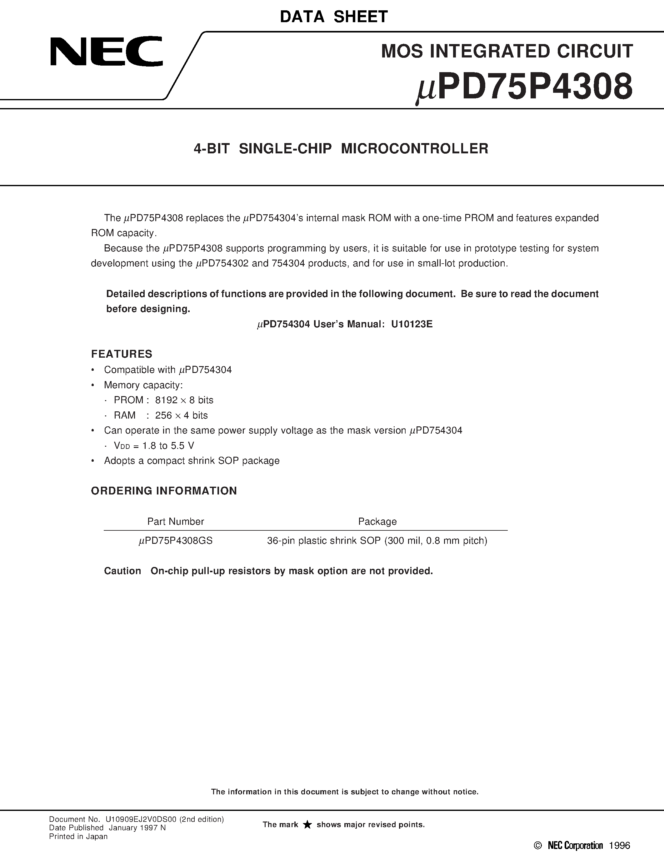 Datasheet UPD75P4308 - 4-BIT SINGLE-CHIP MICROCONTROLLER page 1