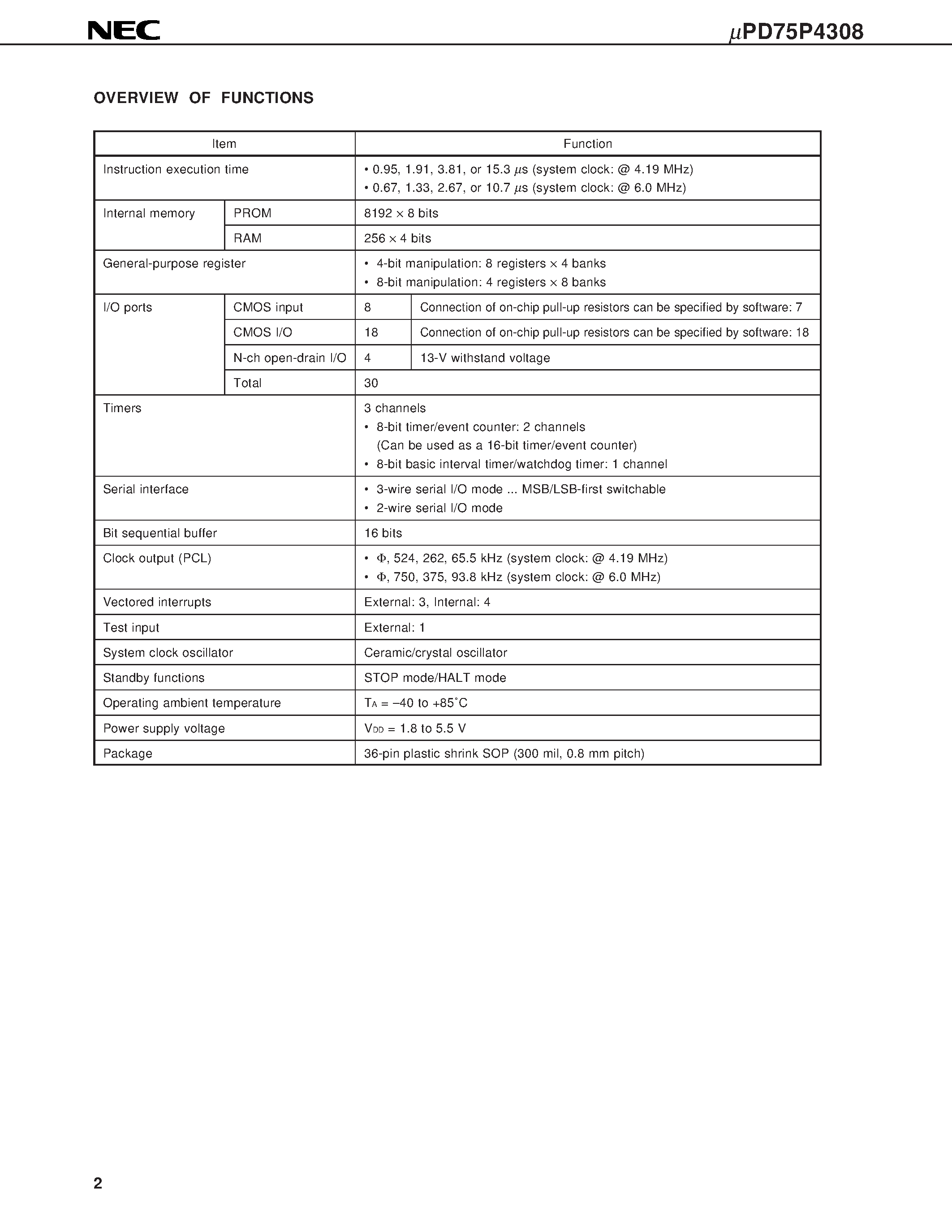 Datasheet UPD75P4308 - 4-BIT SINGLE-CHIP MICROCONTROLLER page 2