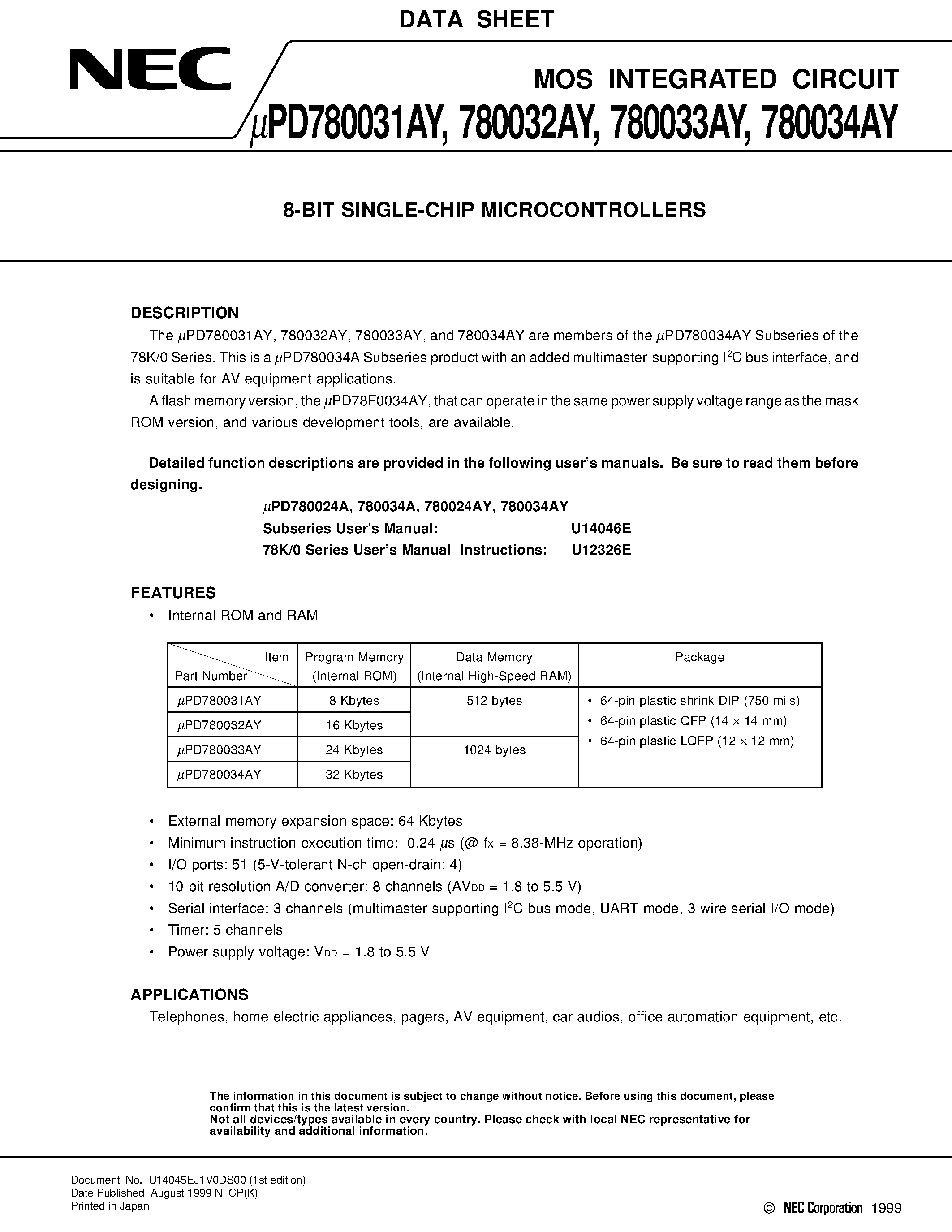 Даташит UPD780034AY - 8-BIT SINGLE-CHIP MICROCONTROLLERS страница 1