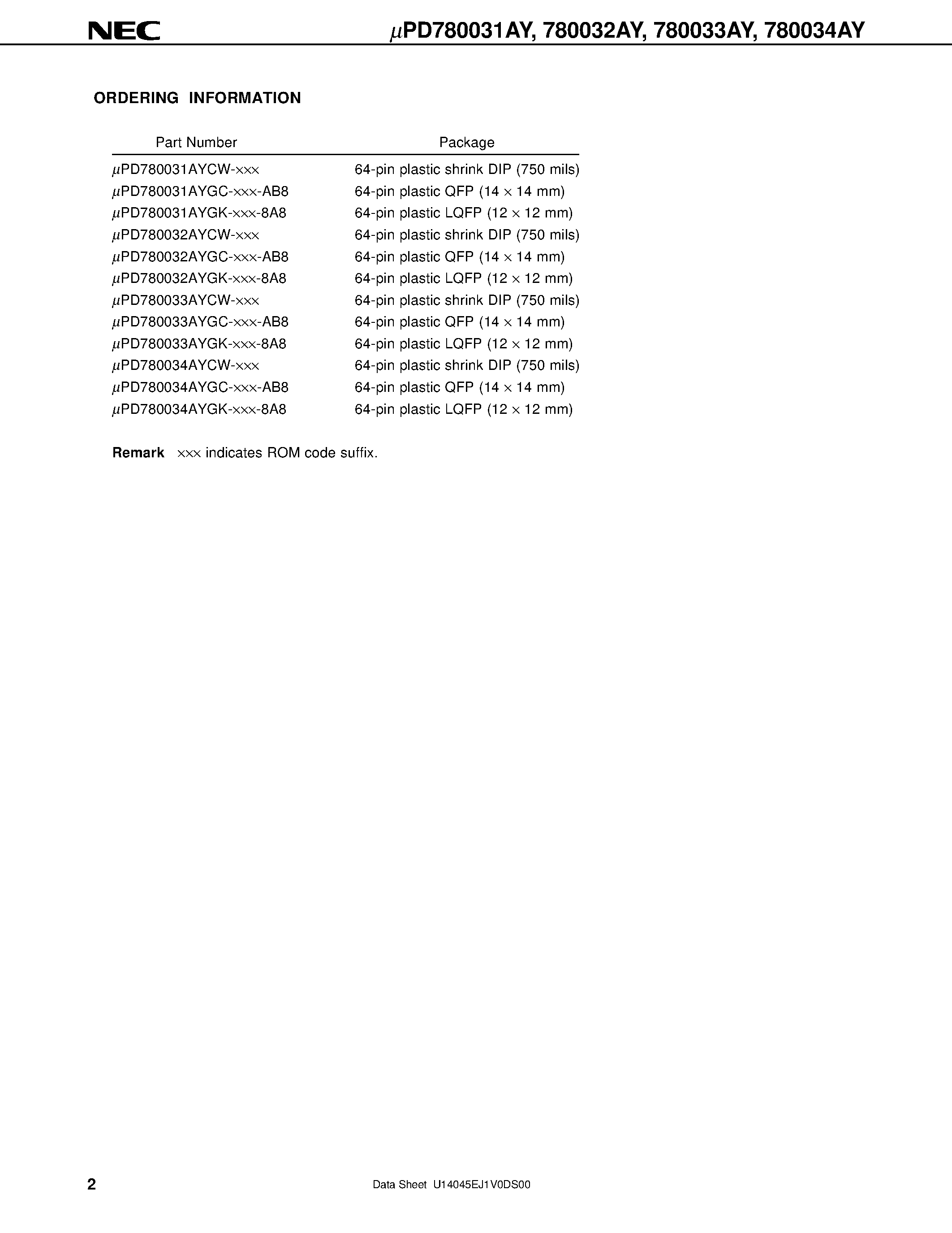 Даташит UPD780034AY - 8-BIT SINGLE-CHIP MICROCONTROLLERS страница 2