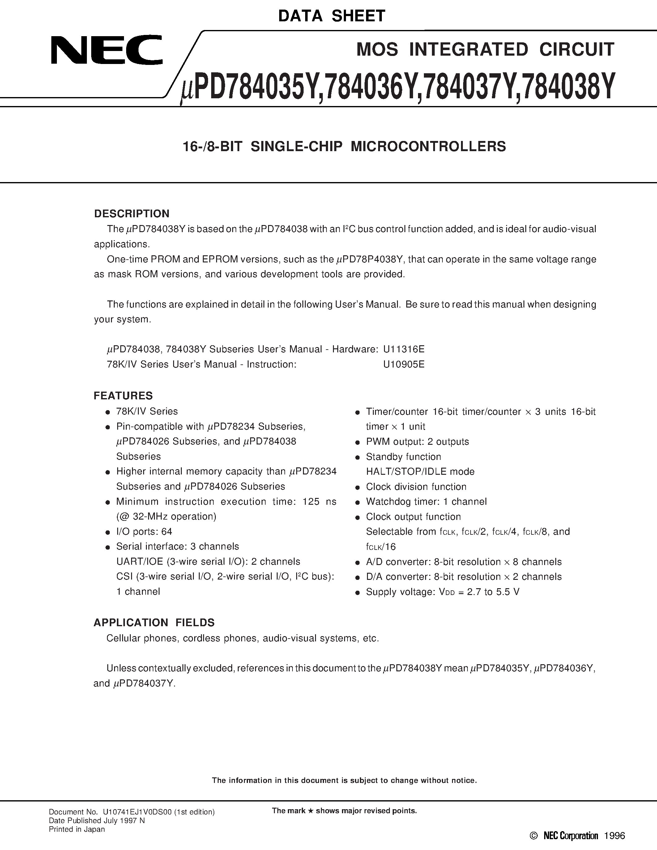 Даташит UPD784038Y - 16-/8-BIT SINGLE-CHIP MICROCONTROLLERS страница 1